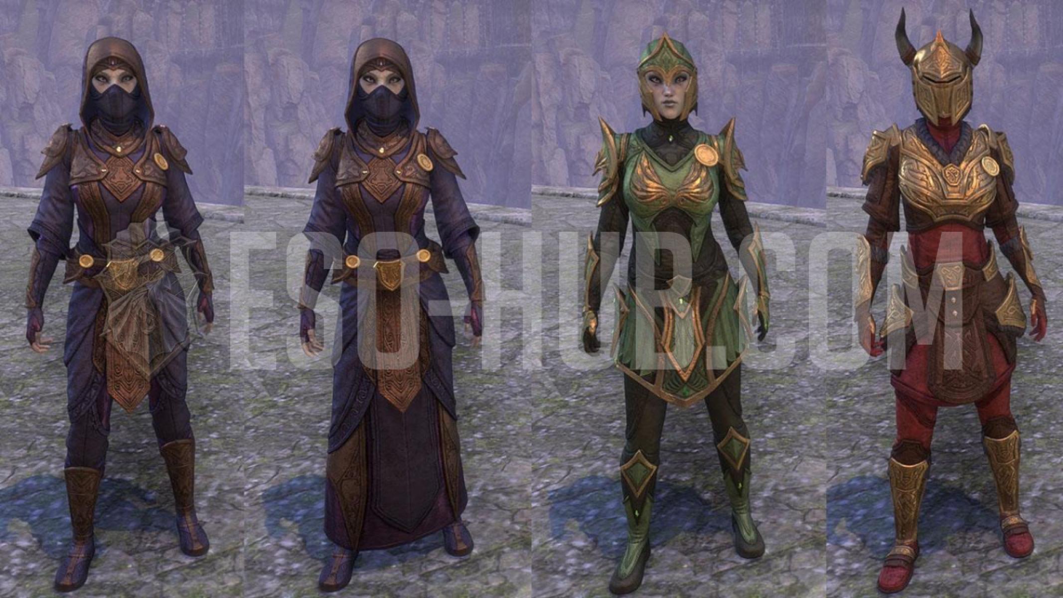 Stirk Fellowship motif showcase: Light Jerkin &amp; Robe, Medium and Heavy armor motif pieces.
