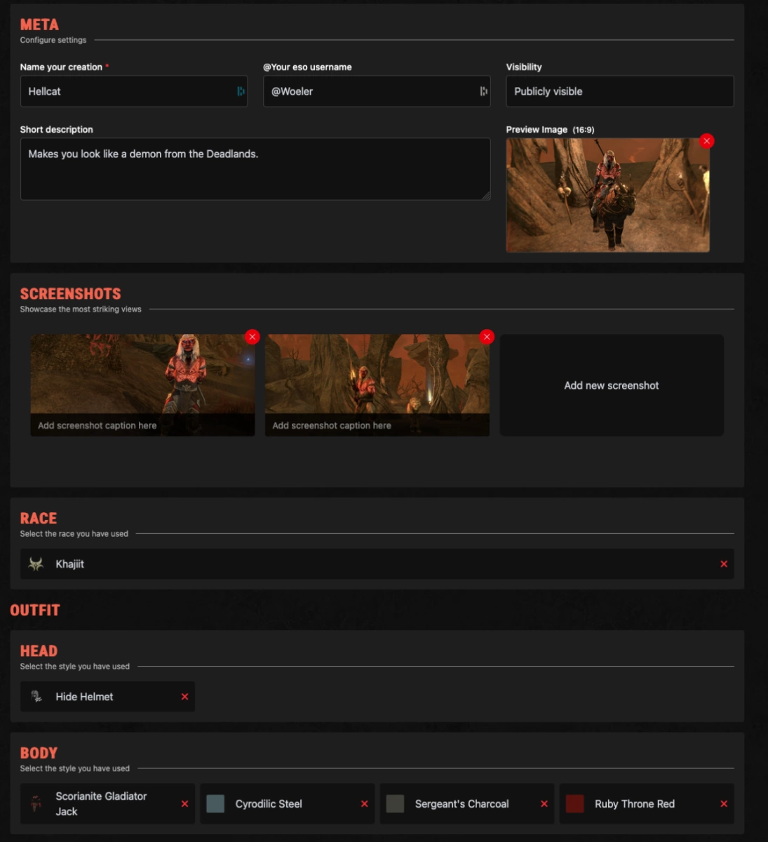 A screenshot of the ESO-Hub Fashion Editor