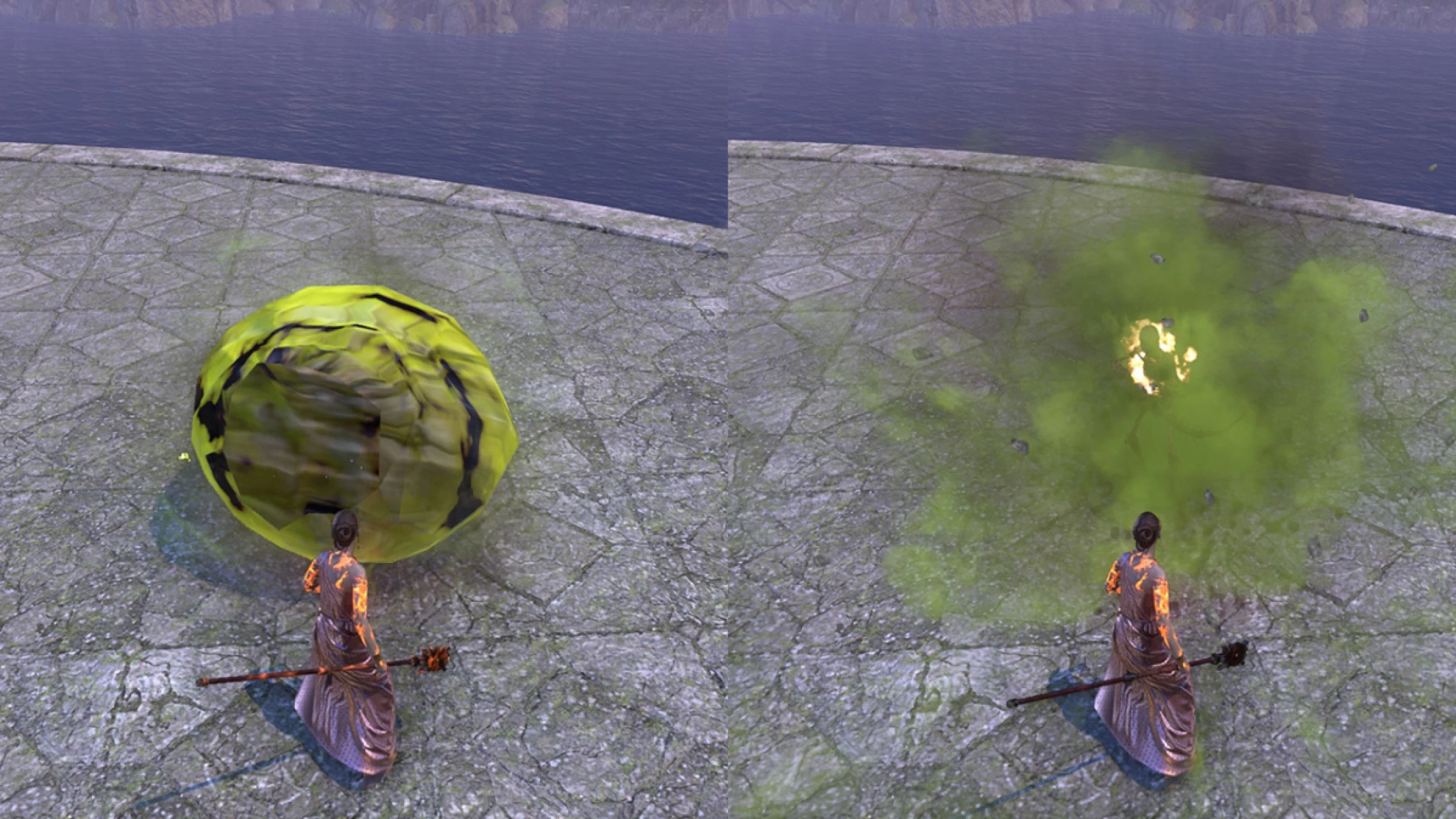 ESO Noxious Boulder set creates a green boulder that explodes. The boulder currently looks like it has quite low textures on PTS.