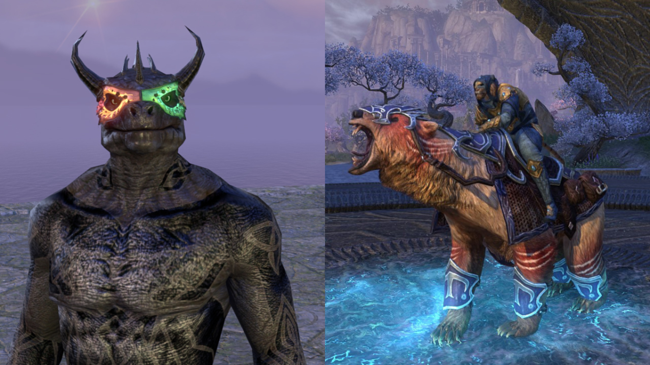 ESO Drakes and Daemons Mask on an Argonian and Dragonclaw Imperial Warbear mount.