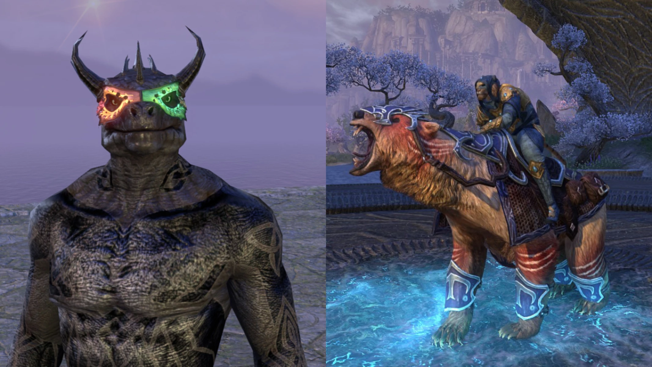 ESO Drakes and Daemons Mask on an Argonian and Dragonclaw Imperial Warbear mount.