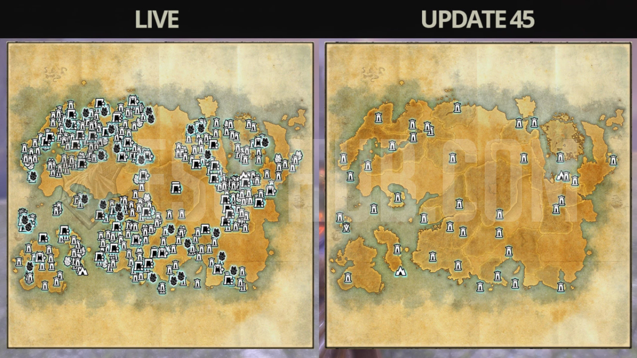 Default view of the Tamriel map in ESO's live and test servers.