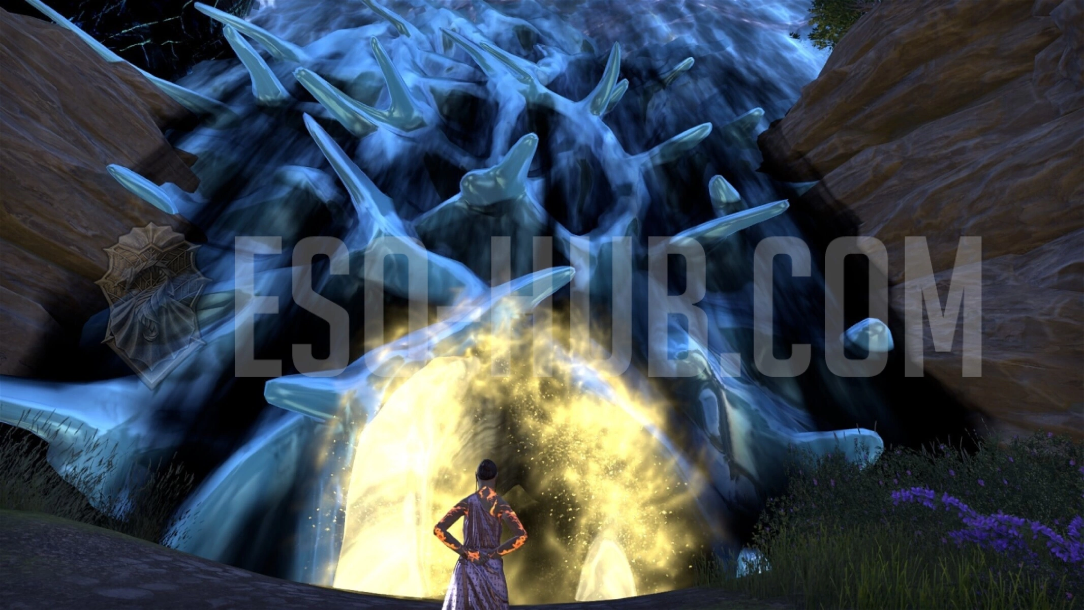 Player Character standing in front of the breached wall