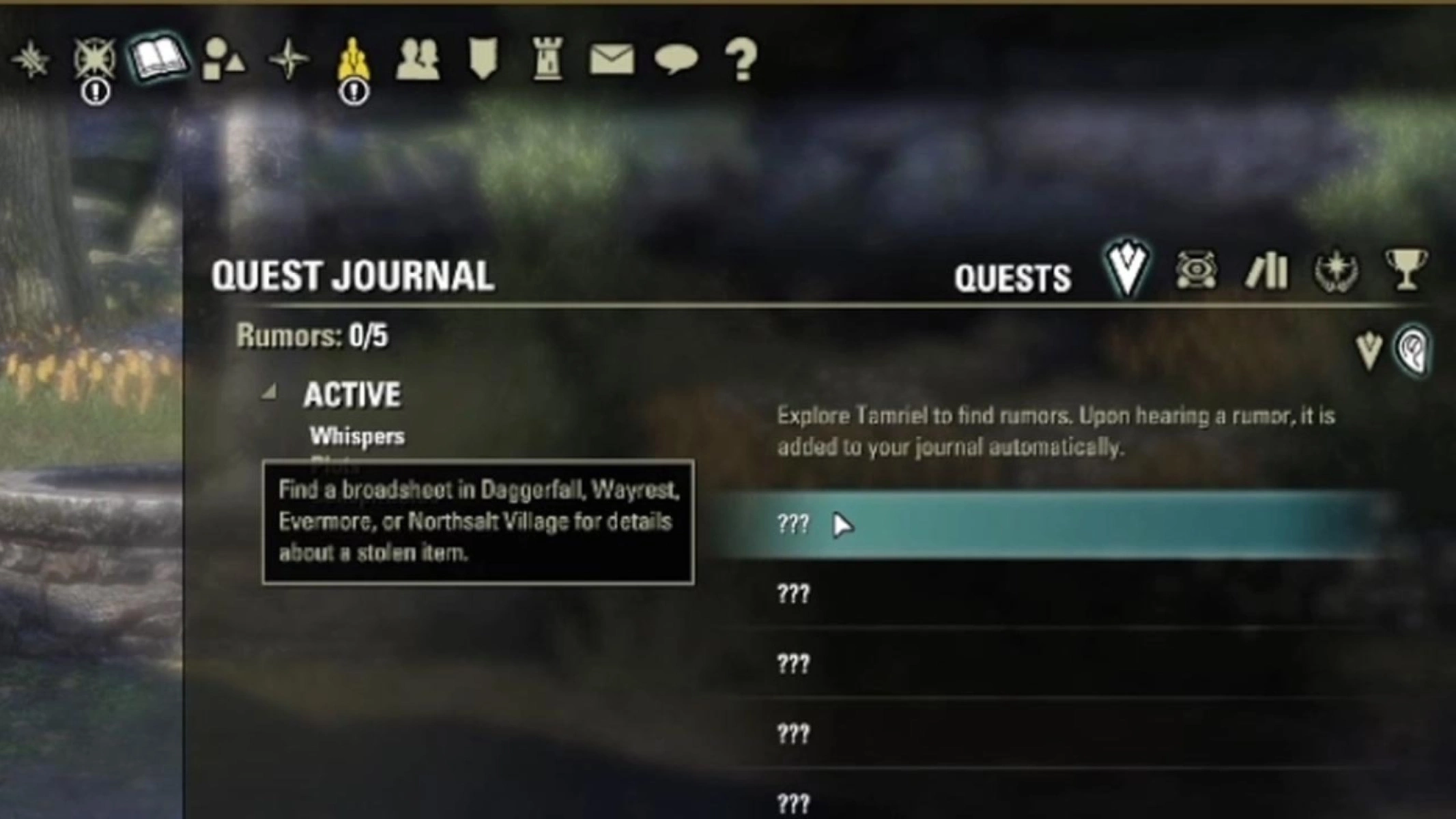 The three ESO Rumor tiers sit as separate categories in the journal under Rumors