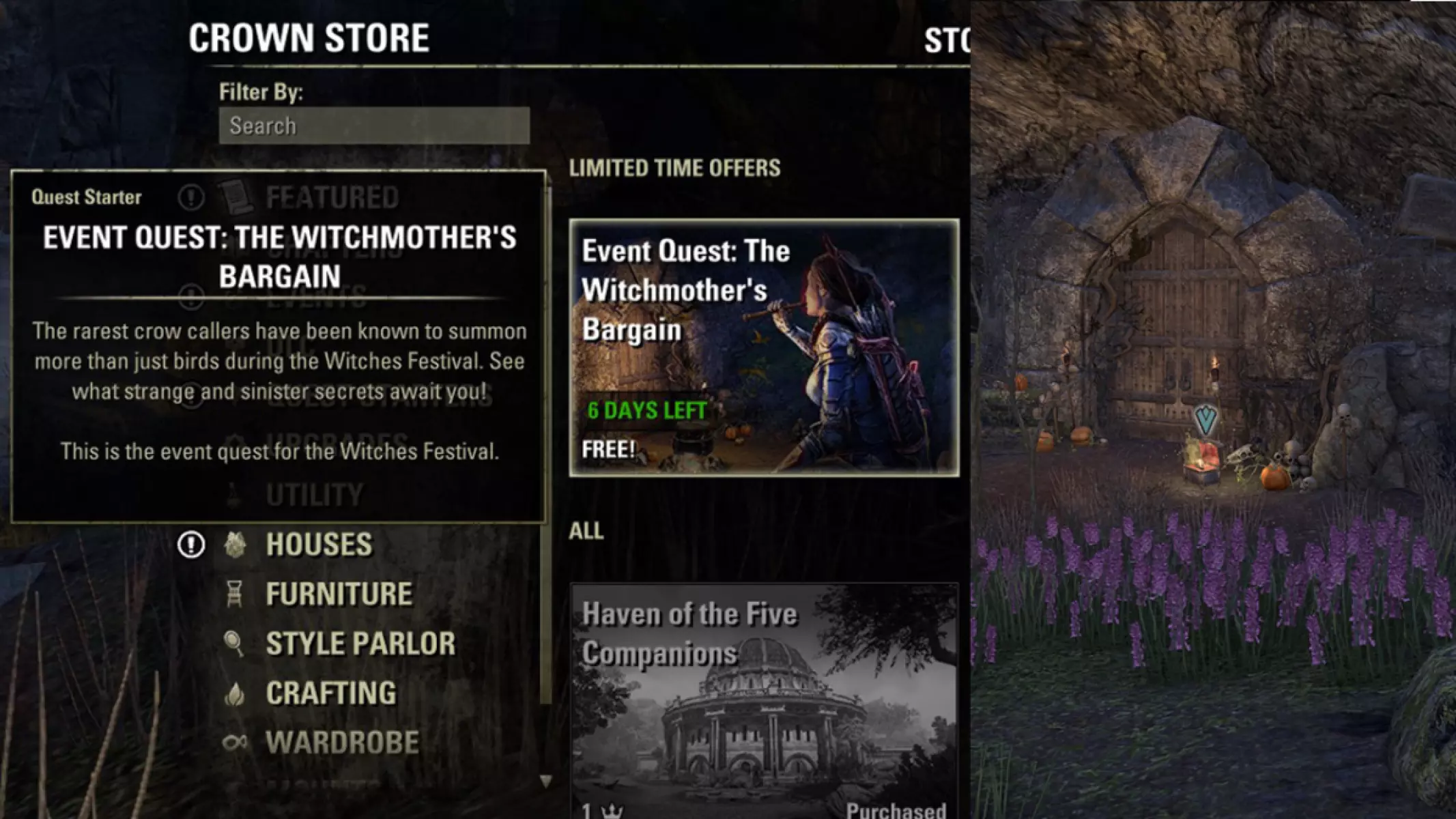 Witches Festival Event Quest in the Crown Store and in front of the Witches Cove in Auridon.