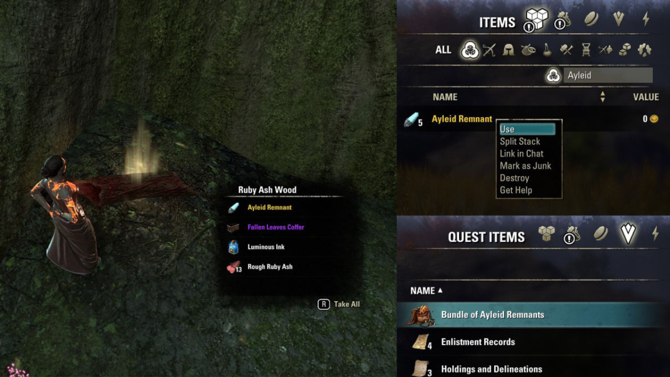 Looting Ayleid Remnants and using them to create a Bundle of Ayleid Remnants in ESO.