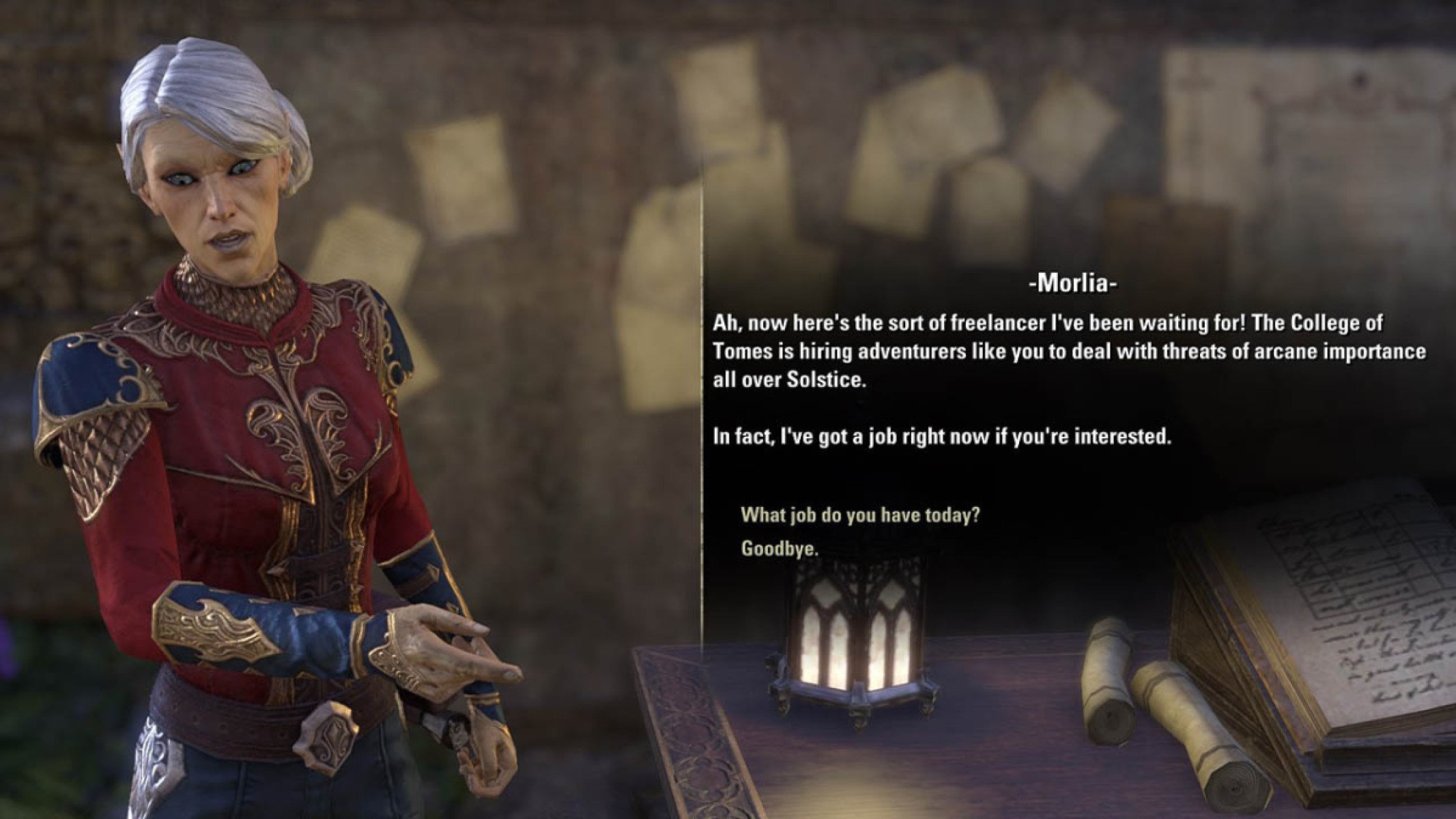 Morlia of the College of Tomes provides daily world boss quests in Solstice, ideal for groups.