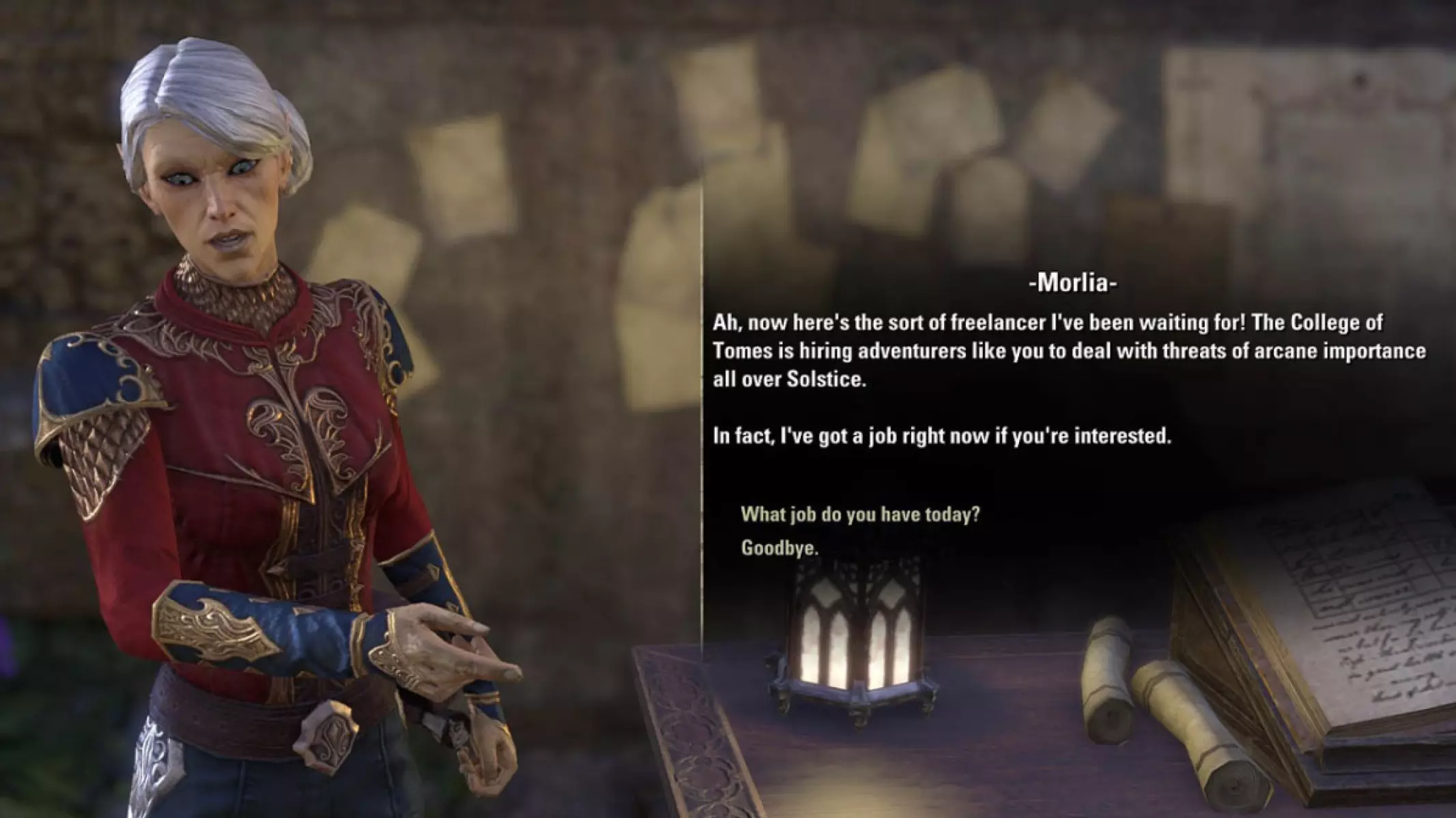 Morlia of the College of Tomes provides daily world boss quests in Solstice, ideal for groups.
