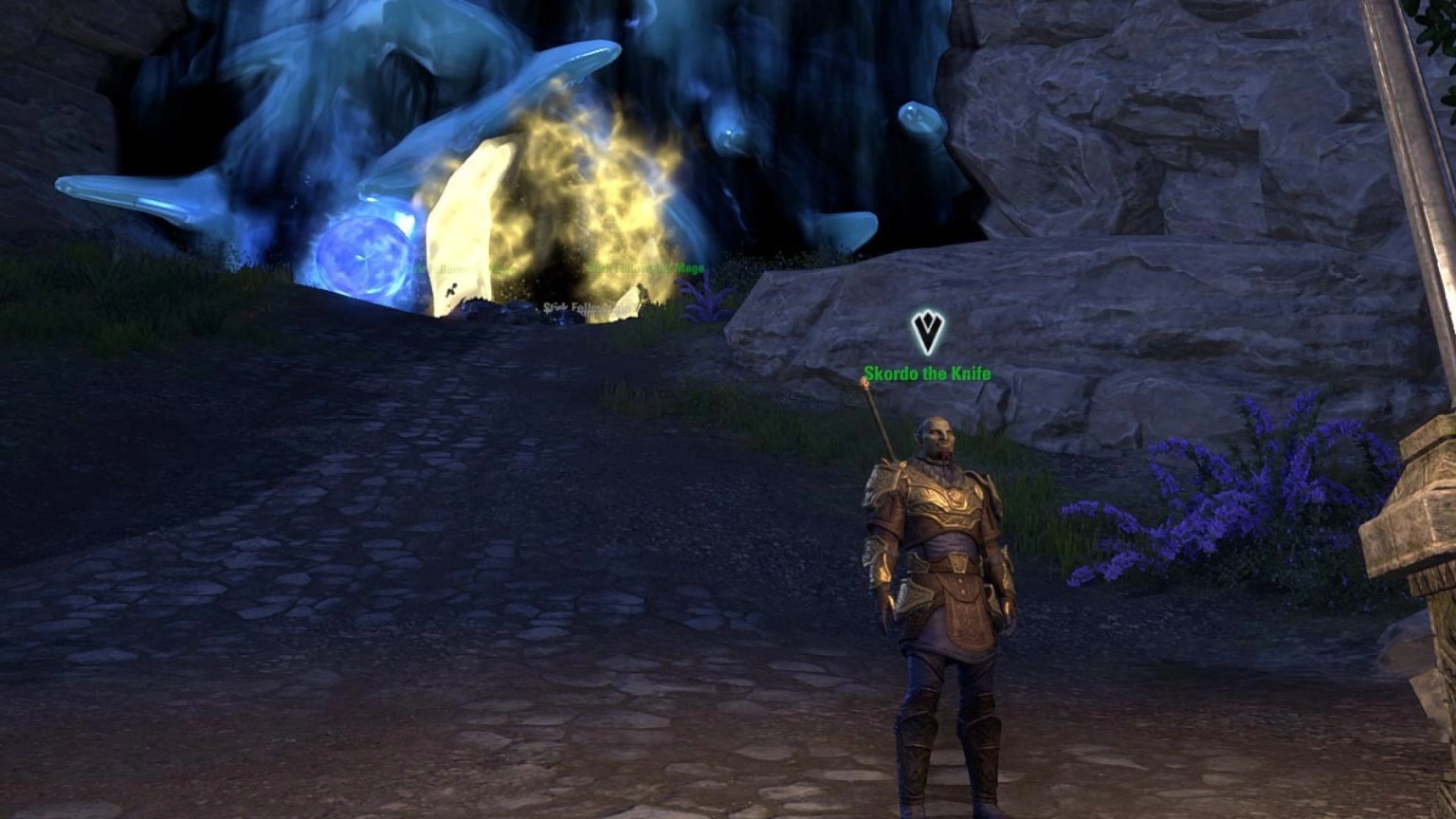 Skordo in front of the Writhing Wall that has the blue portal to the Writhing Fortress and the yellow breach to to Eastern Solstice.