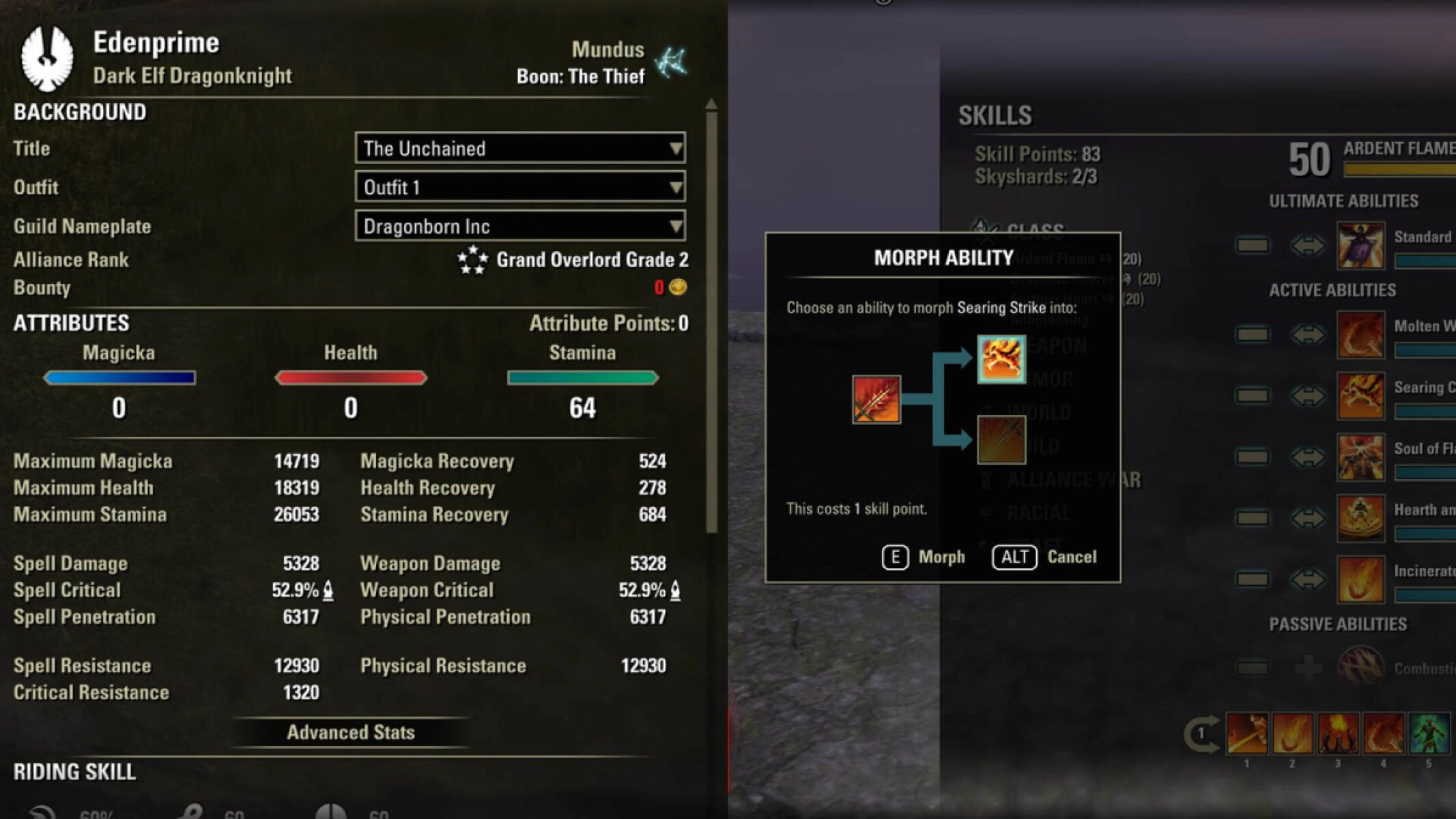 Chraracter Screen with attribute points and Skill window with an ability to moprh
