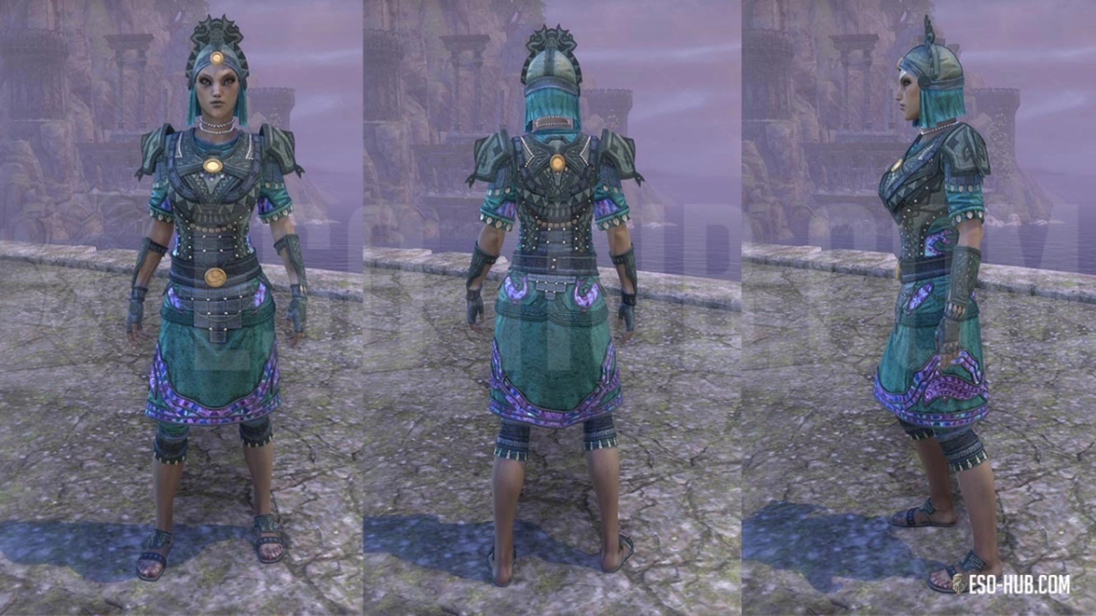 A Female Dark Elf character wearing the full Fish Boon Pioneer outfit, a new Argonian-themed style page available during the ESO New Life Festival.