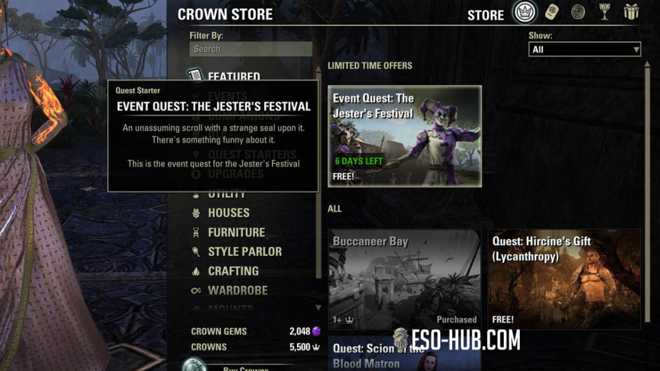 Crown Store menu showing the free Jester’s Festival Invitation in ESO