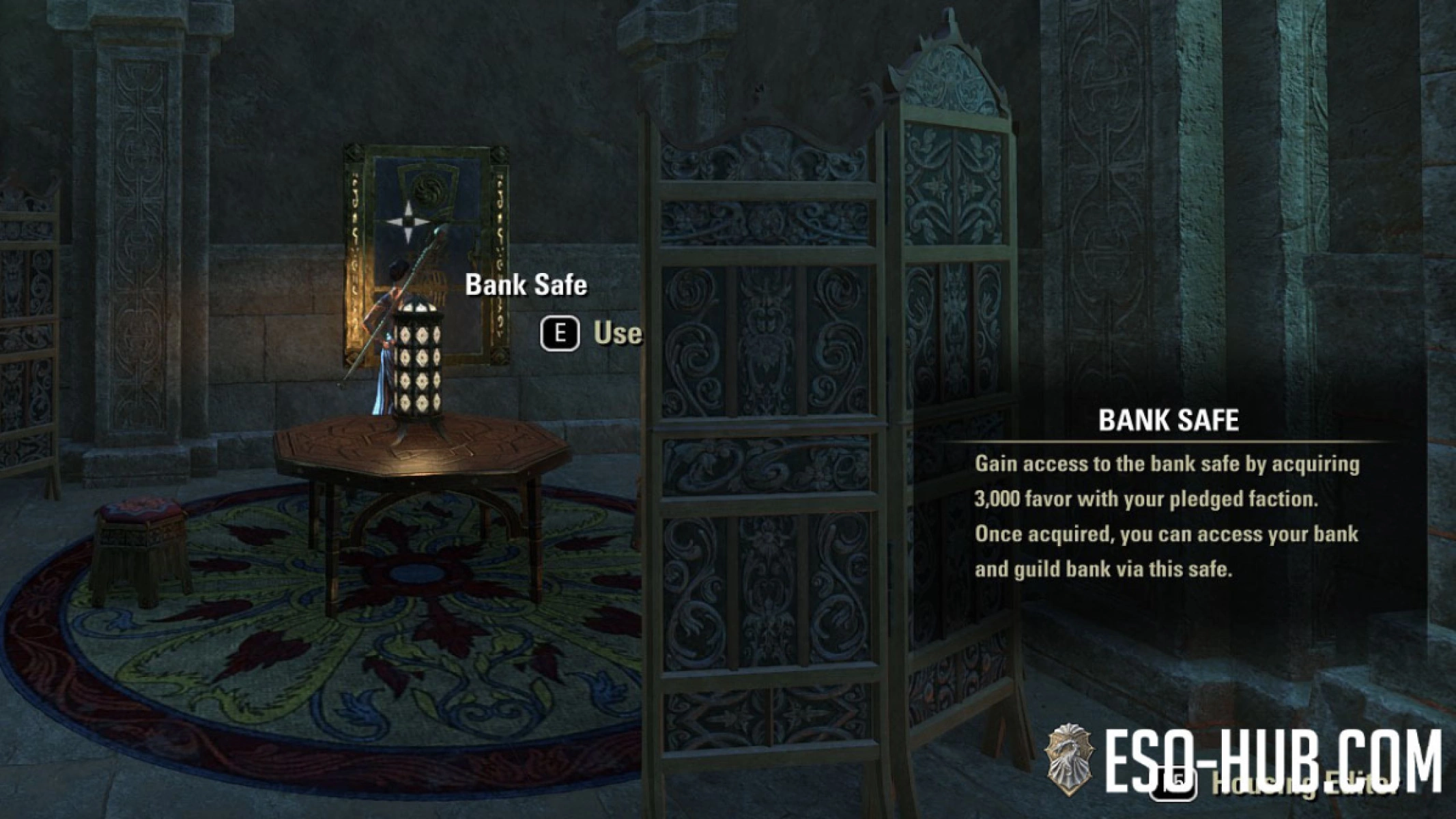 Accessing the Bank Safe requires you to reach 3,000 Favor with your Faction before you can use it.