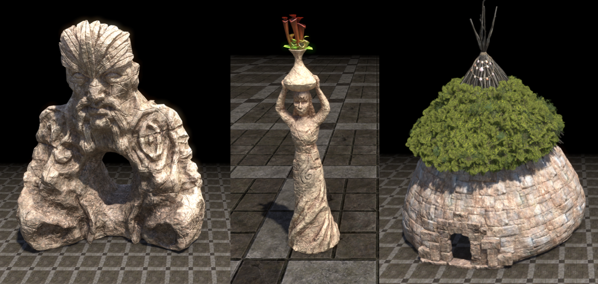 Druid King’s Sentinel, the Druidic Statue Planter and the Druidic Hut (Conical Stone) 