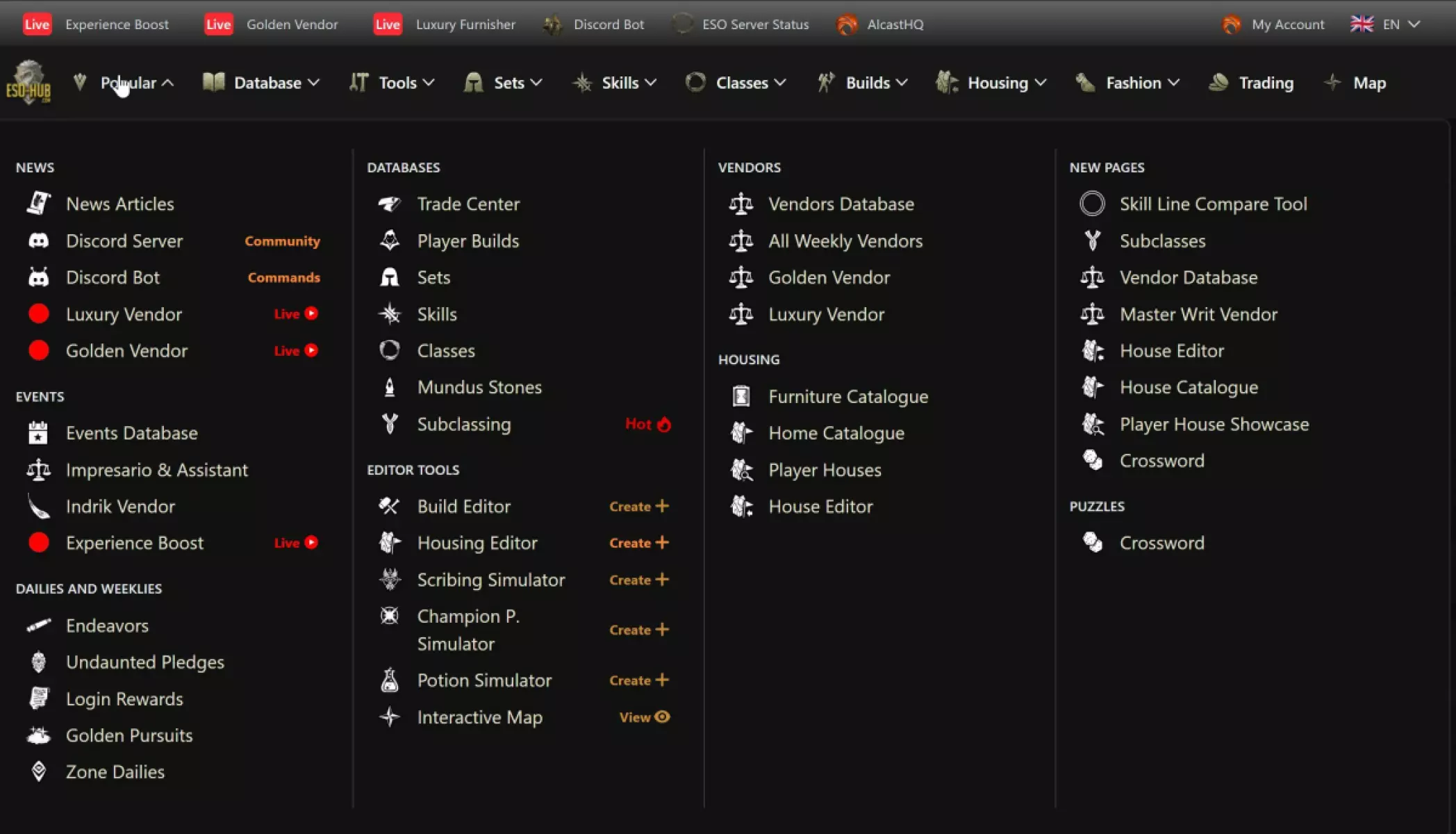 New Desktop Megamenu on ESO-Hub.com