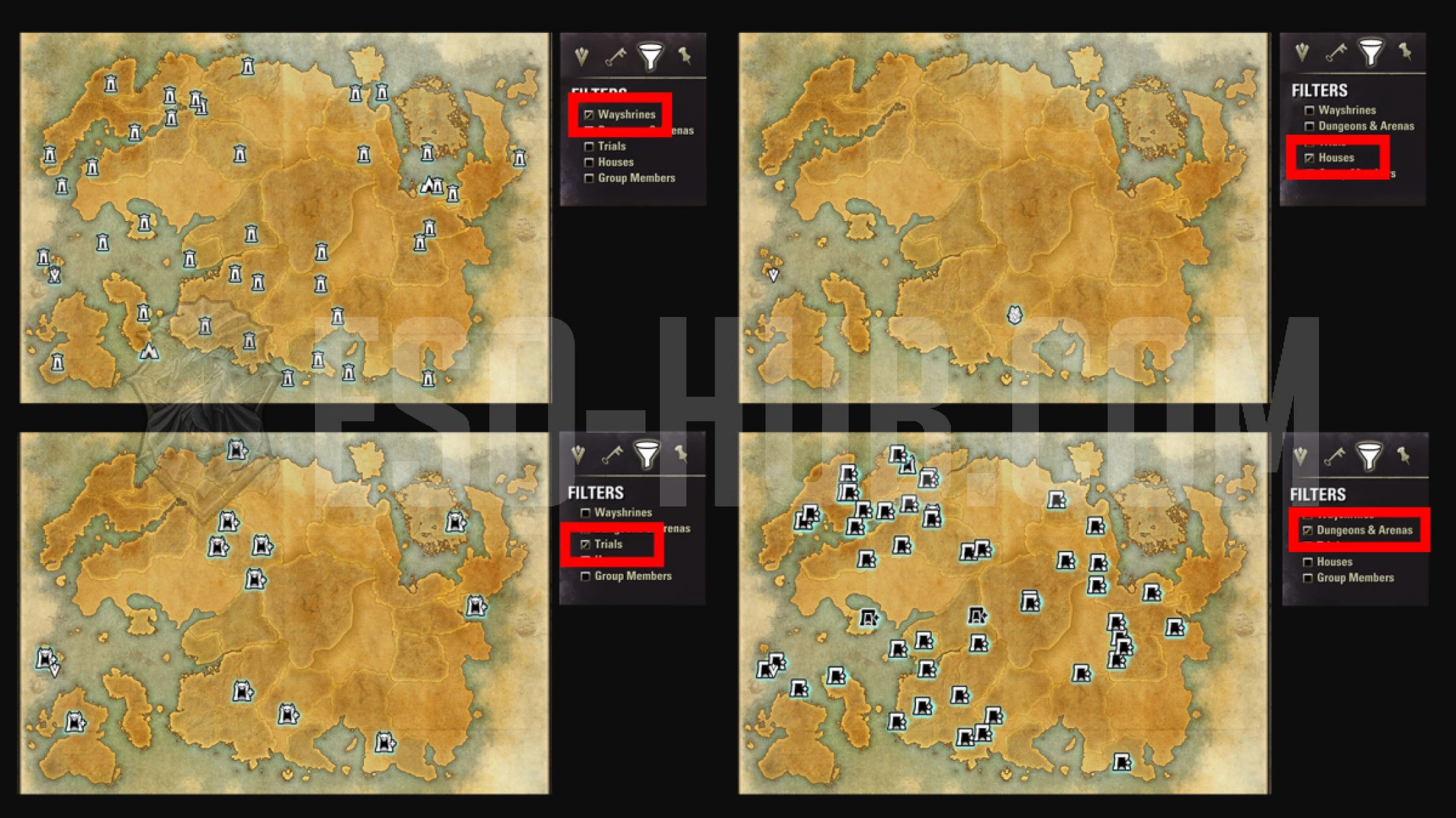 ESO Map filters shown in this image: Wayshrine, Houses, Trials and Dungeon &amp; Arena. In this image we had no favorited houses, only the primary house.