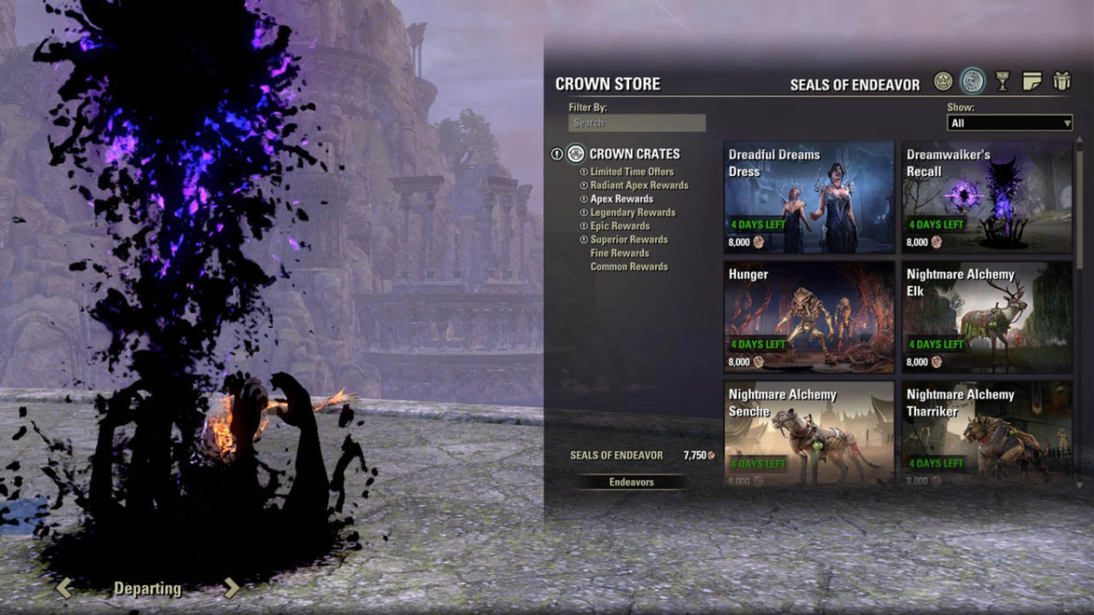 The Apex Reward Dreamwalker's Recall Customized action costs 8,000 Seals of Endeavor