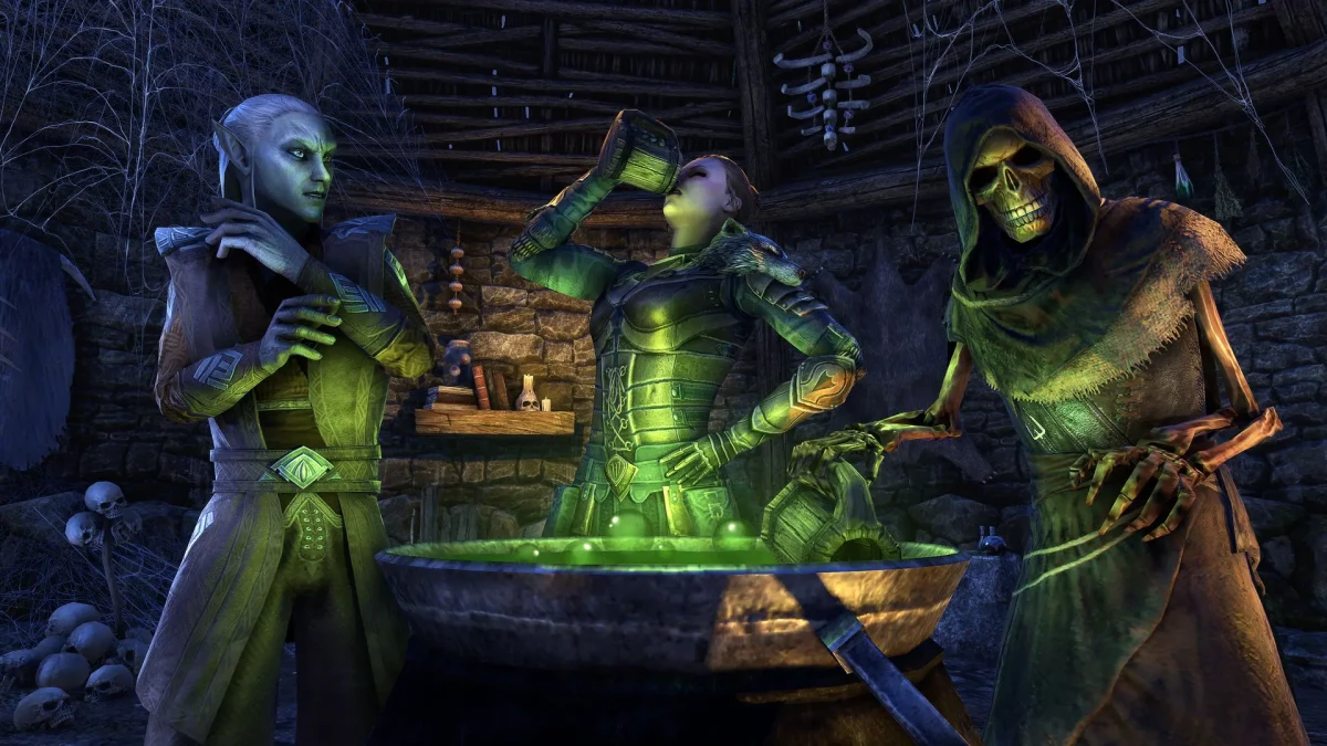 Drink from the Witchmother's Cauldron to transform into a skeleton!