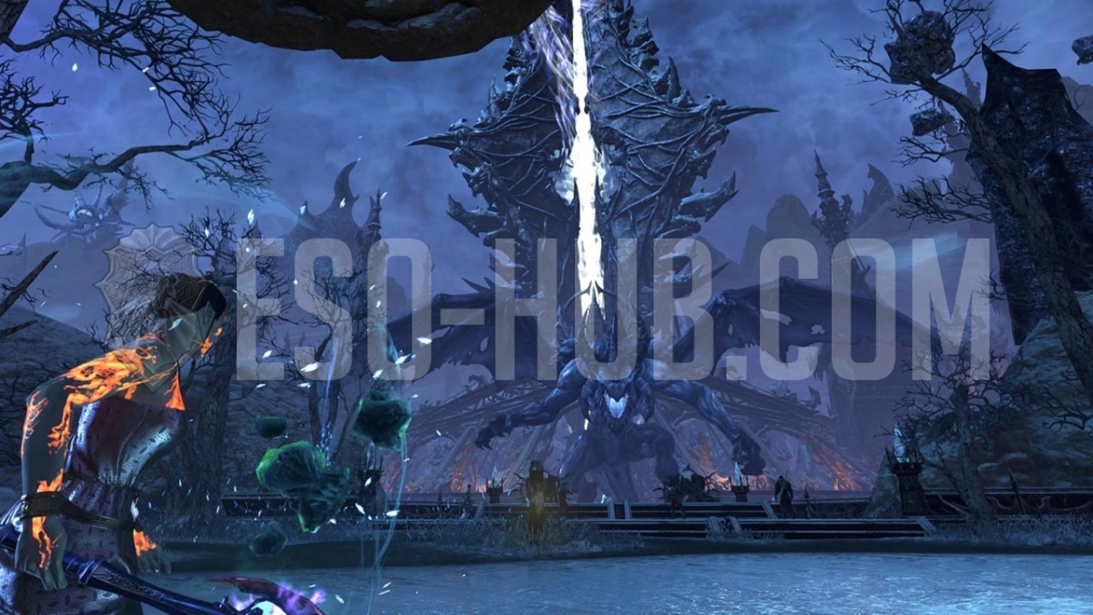 Player character with the Protective Shield staring at Titan Zysax in the Writhing Fortress.