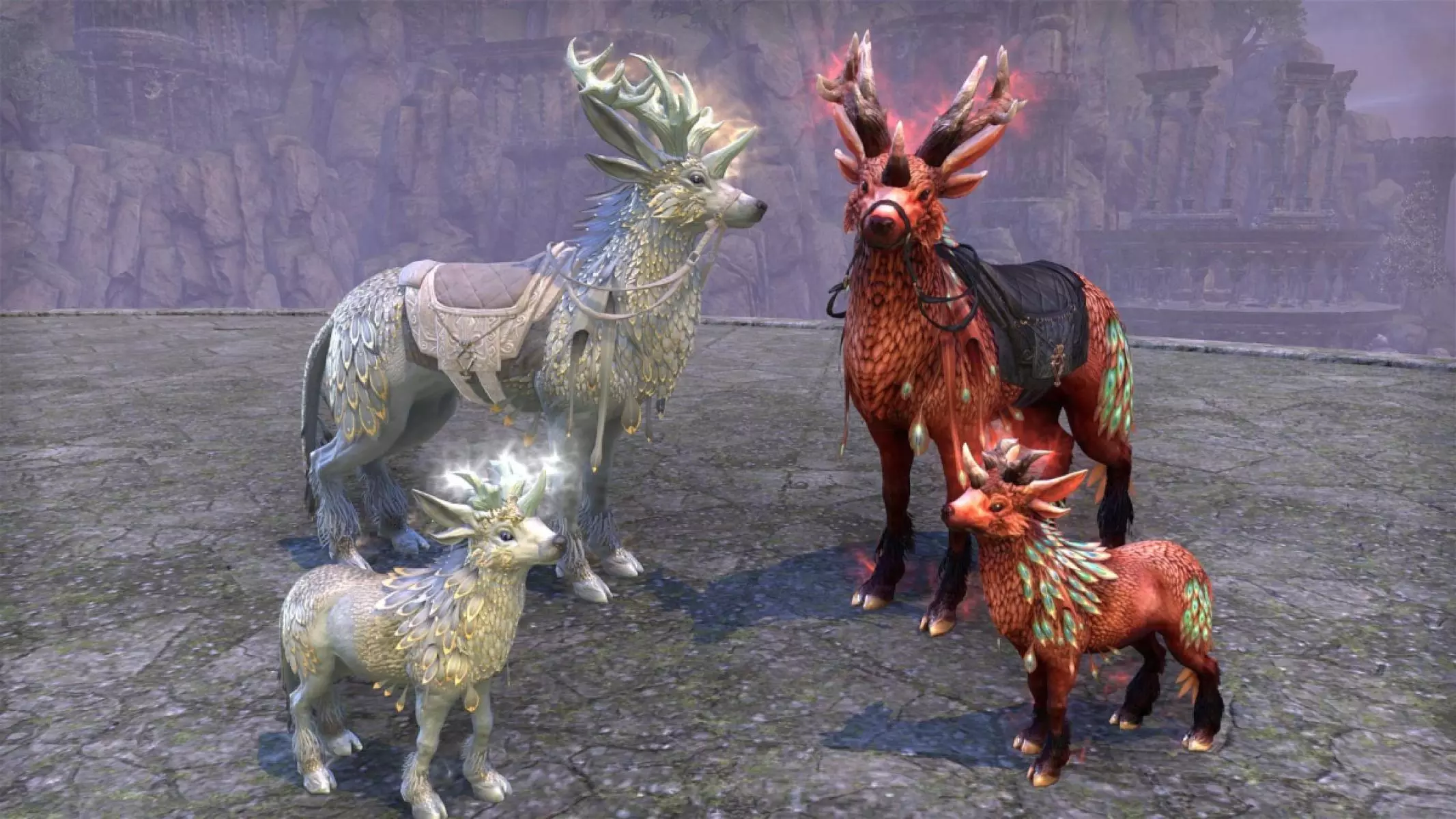 Pure-Snow Indrik, Frost-Light Indrik, Crimson Indrik and Rosethorn Indrik in ESO