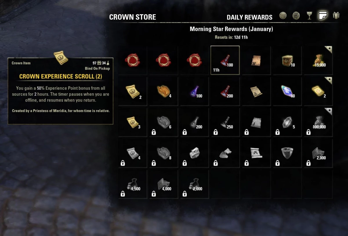 Keep an eye out for XP Scrolls in the Daily Login Rewards
