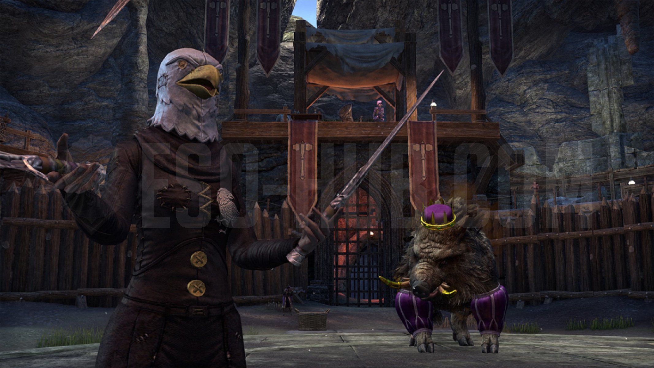 Character wearing the new ESO Jester's Alliance Mimicry Style (dyed) in front of King Boar, found inside the Hammerdeath Arena in Stormhaven.