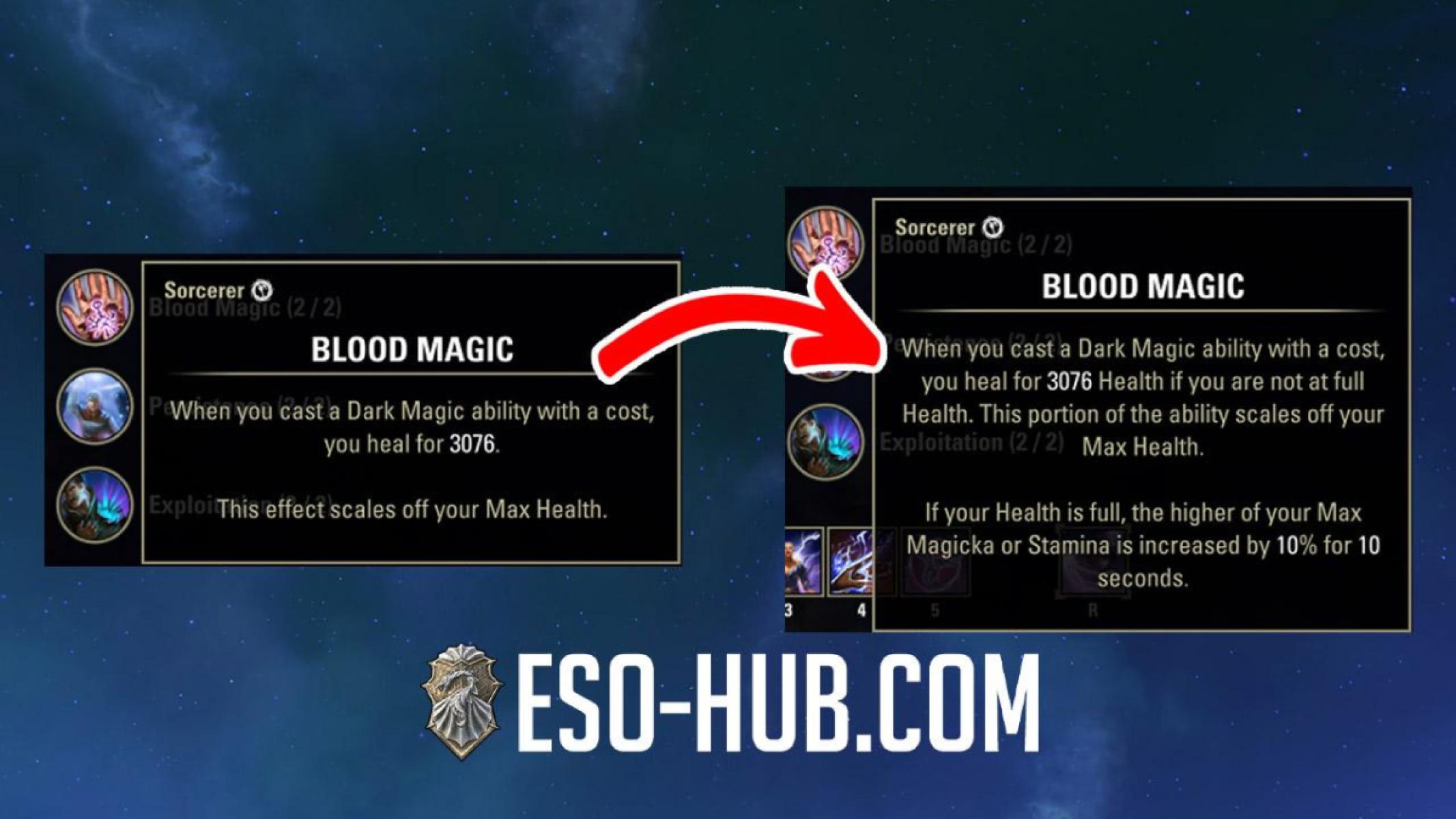 Sorcerer Blood Magic Passive, with the version from the live servers on the left and the PTS version on the right.