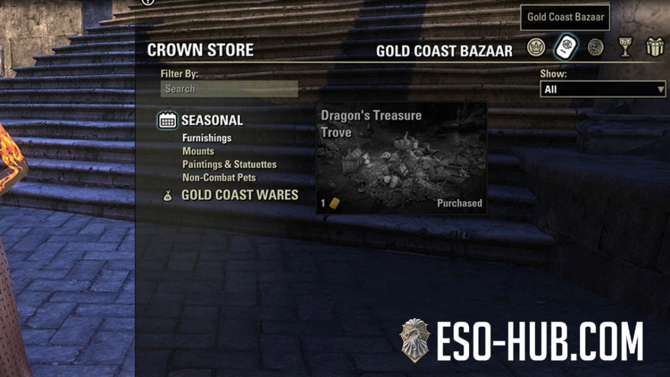 On the Public Test Server, you can see some of the Bazaar wares, like this Dragon's Treasure Trove furnishing that many missed.