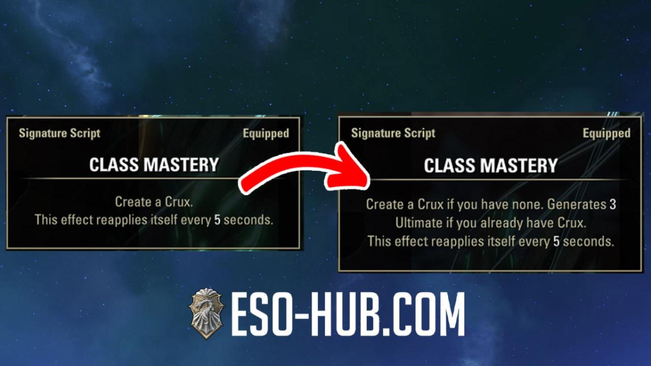 Arcanist Class Mastery script description, with the version from the live servers on the left and the PTS version on the right.