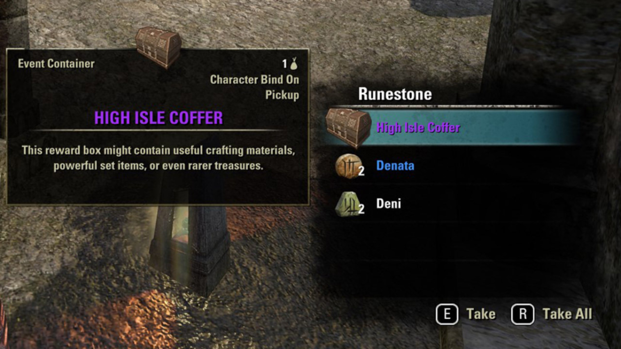 Purple High Isle Coffer looted from a Runestone during Legacy of the Bretons 2024 event.