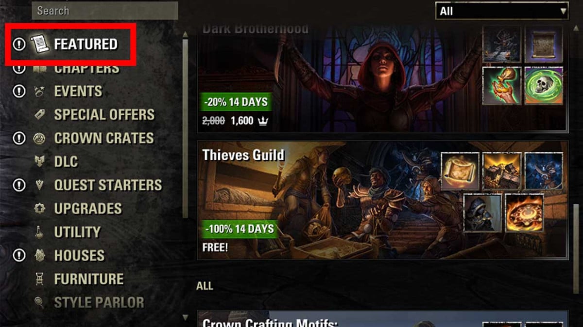 Crown Store Featured tab has all the free and discounted items listed.