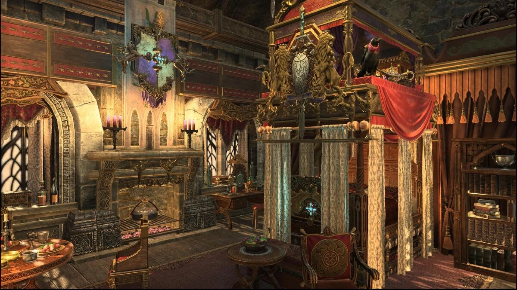 A medieval fantasy room fit for royalty with elegant heraldic wall decorations, a Coat of Arms, high canopy bed and an en suite bathroom. 