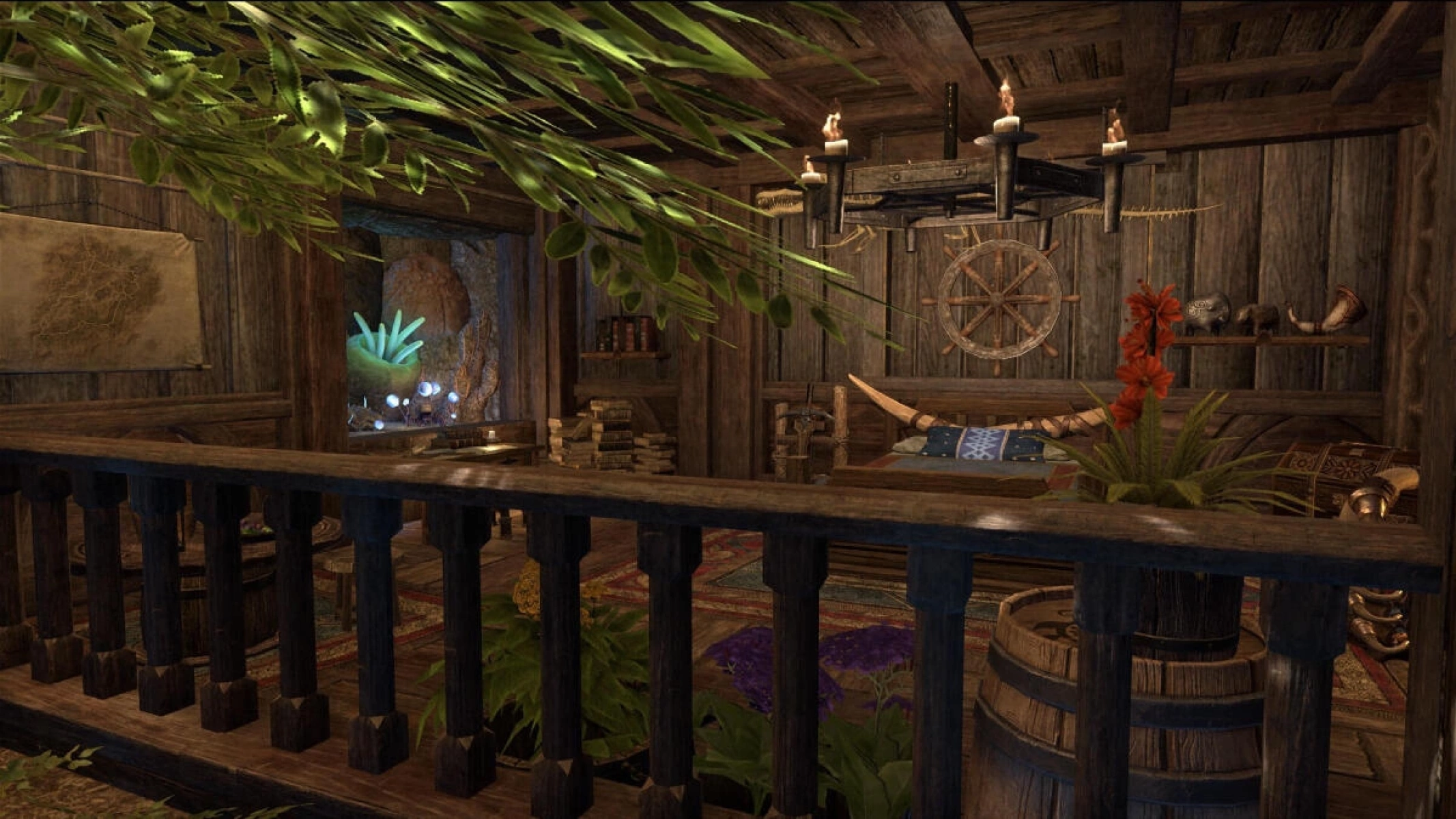 The huntress spends her downtime staring at the garden with fellow hunters or watching her palico play with his gadgets.