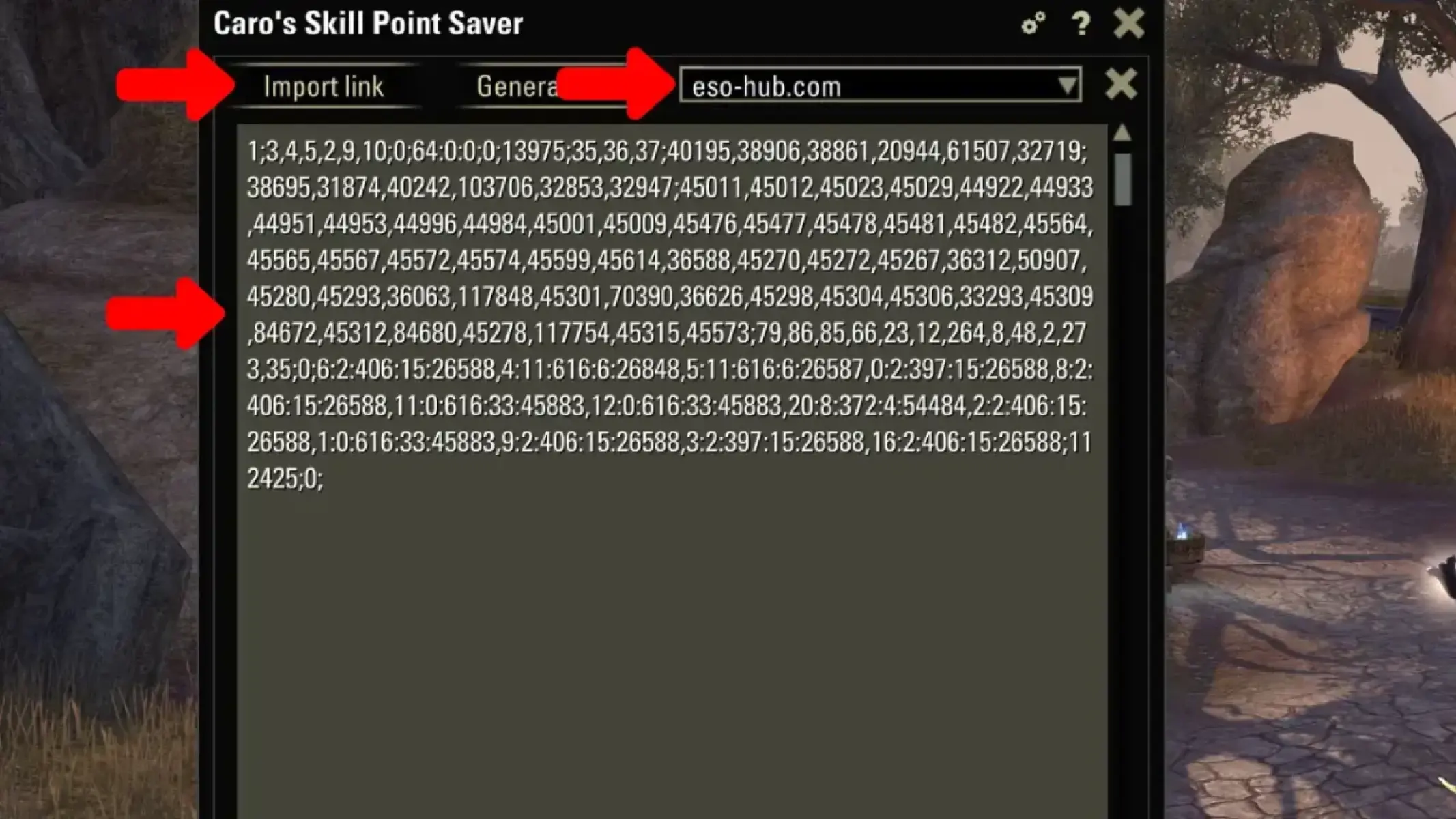 Insert copied string and click in import to add the ESO Build to the addon.