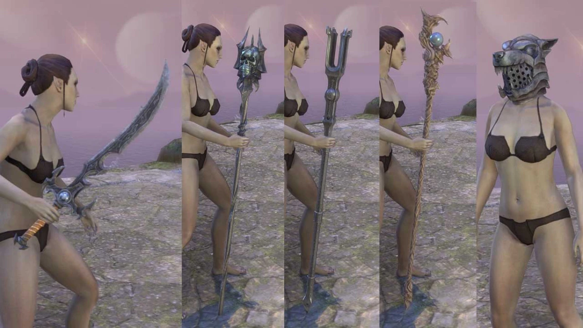 Left to right: Bound styles: Trueflame Sword Replica, Staff of Worms Replica, Sunna’rah Replica, Ul’vor Staff and Barbas Helmet Replica. 