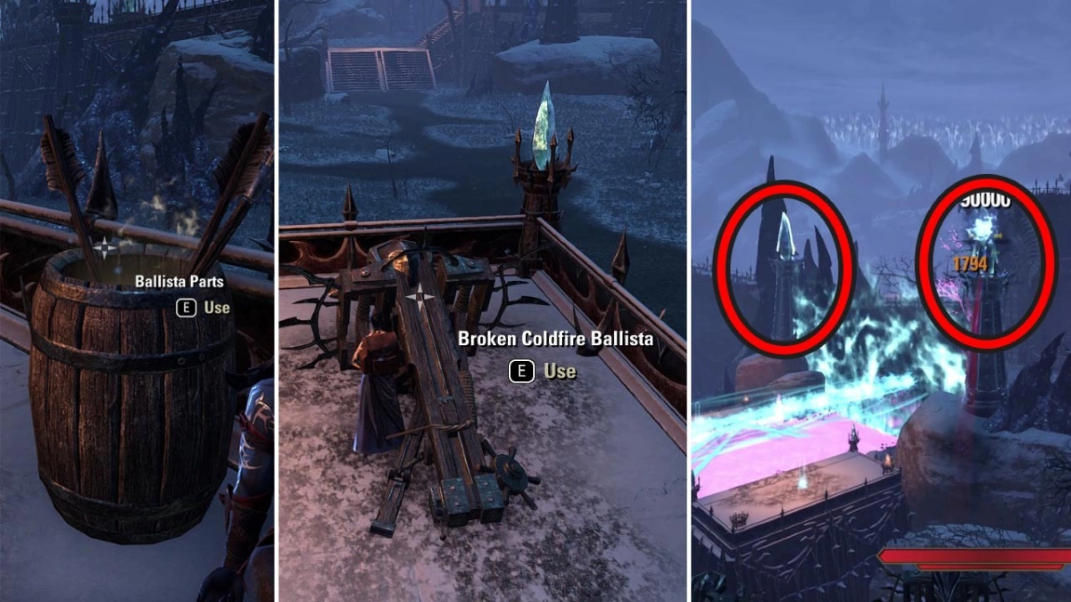 Repair a Broken Coldfire Ballista with spare Parts and shoot the Crystal Pylons (circled) to break the magical barrier.