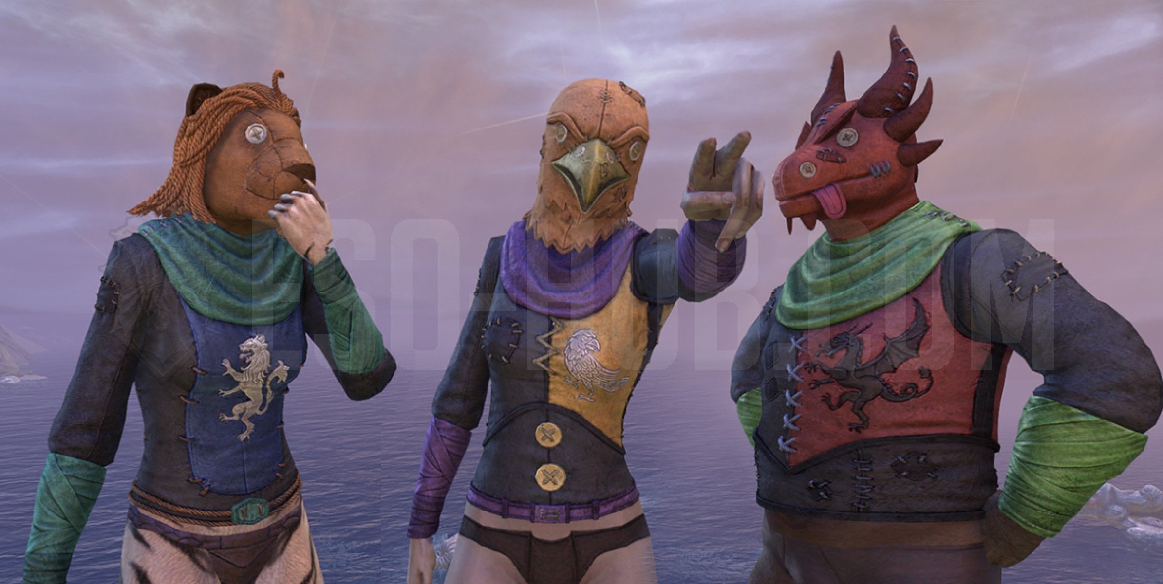 Jester's Alliance Mimicry outfit styles in ESO from left to right: Daggerfall Covenant, Aldmeri Dominion and Ebonheart Pact.