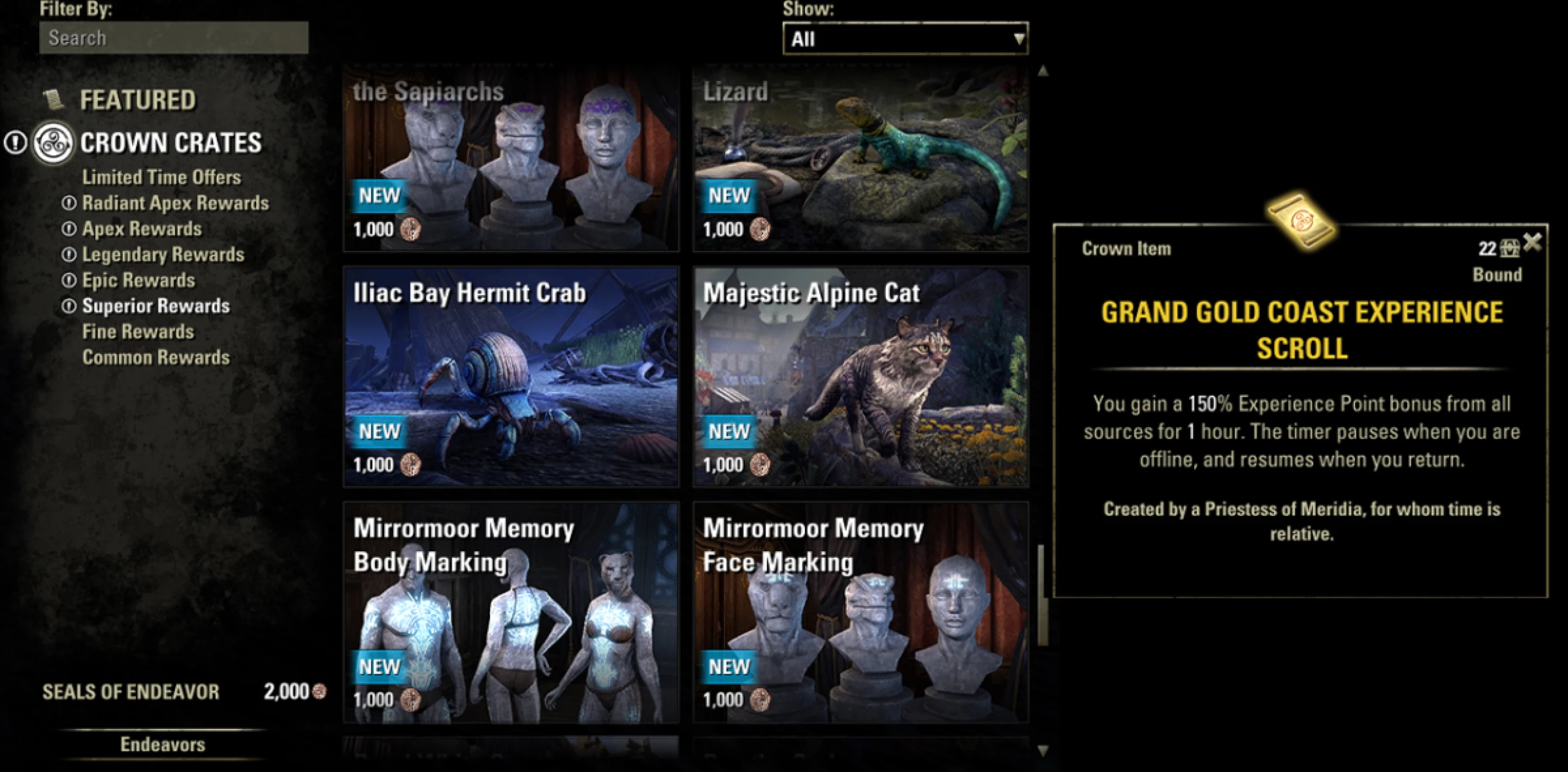 On the left: Examples of what you will be able to buy with the 1,000 Seals of Endeavors. On the right side: A Grand Gold Coast Experience Scroll.