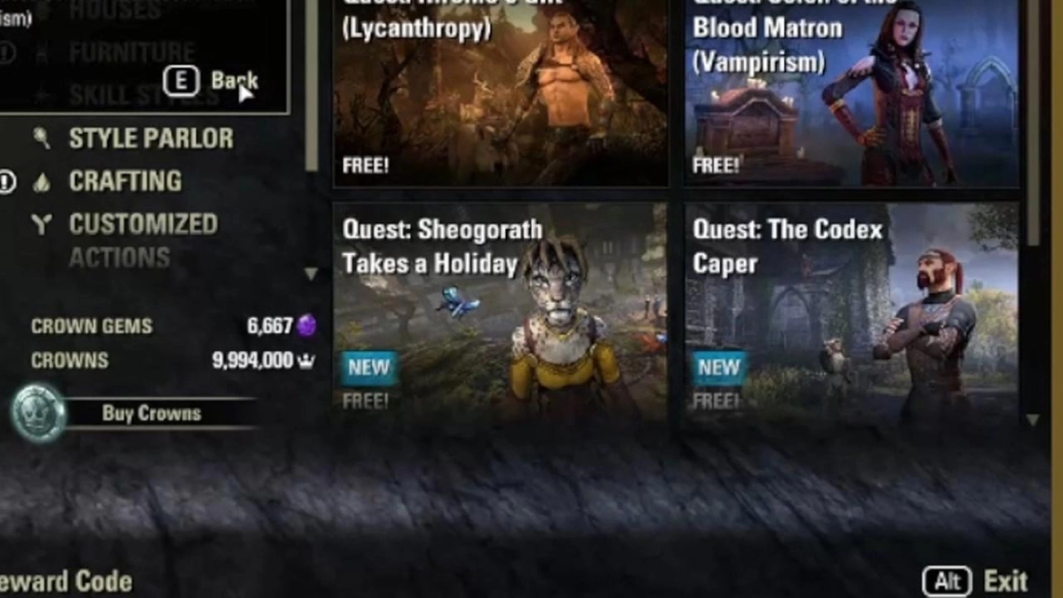 ESO Crown Store quest starters Sheogorath Takes a Holiday and The Codex Caper