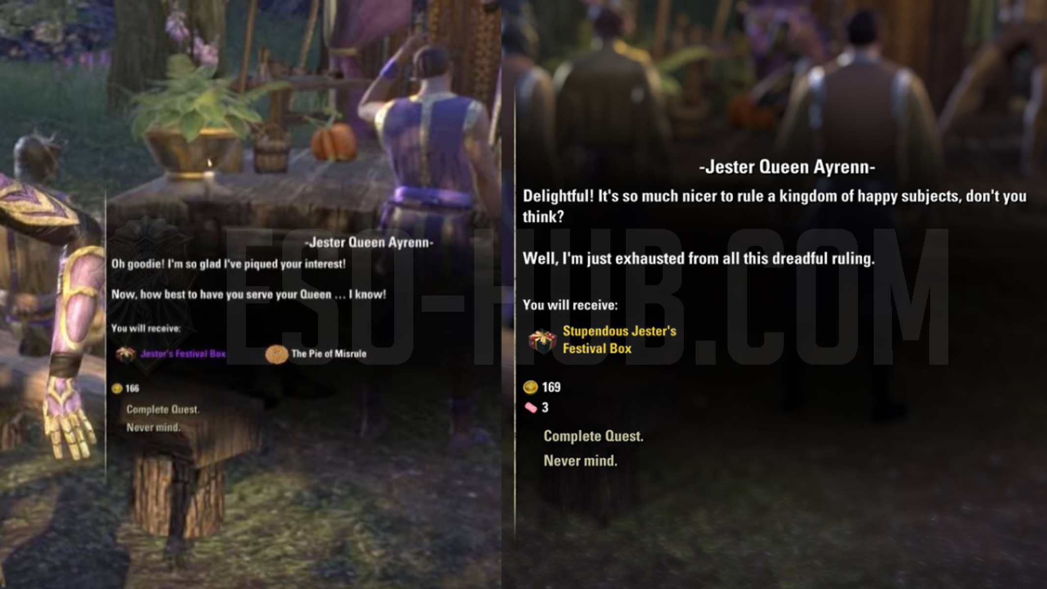 Left: Intro Quest Completion for Jester's Festival which awards you with The Pie of Misrule Memento. Right: Your first Jester's Festival Daily quest awards you with a golden box and three tickets.