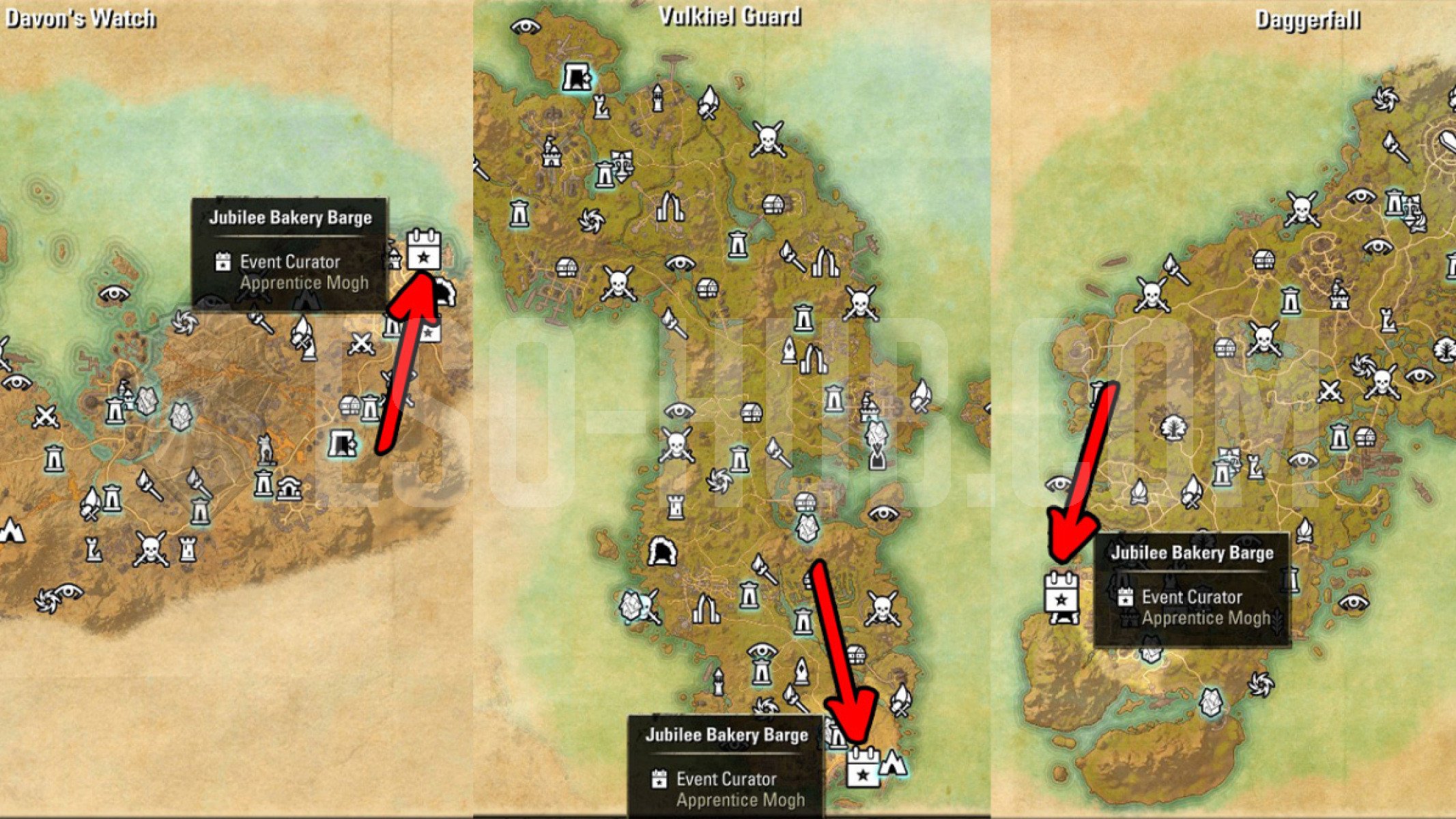 ESO Apprentice Mogh location on map. From left to right: Stonefalls (EP), Auridon (AD) and Glenumbra (DC).