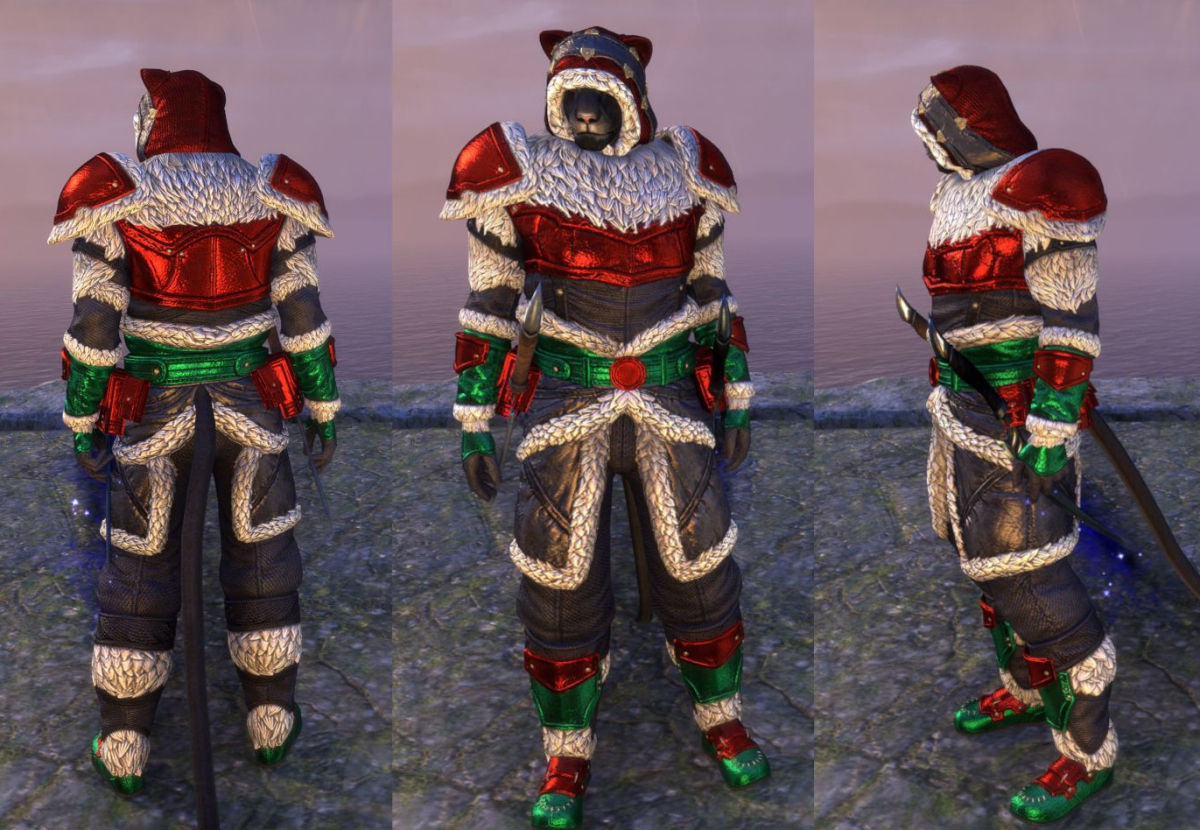 Complete Morningstar Frostwear outfit with colors Warrior’s Steel, Darkstorm Emerald and Scintillating Scarlet.