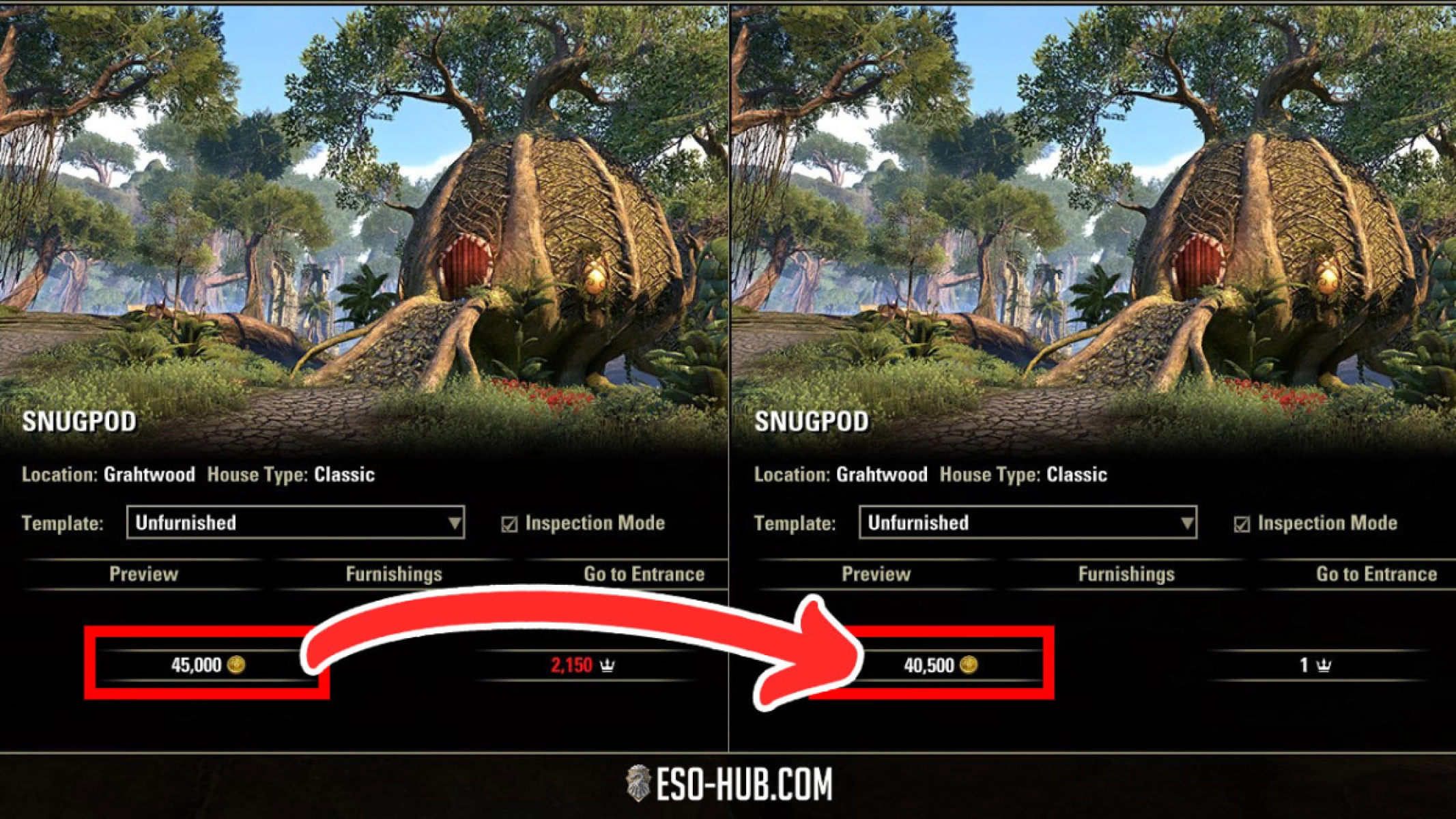 Snugpod house goes from 45,000 gold to 40,500 Gold during Zenithar.