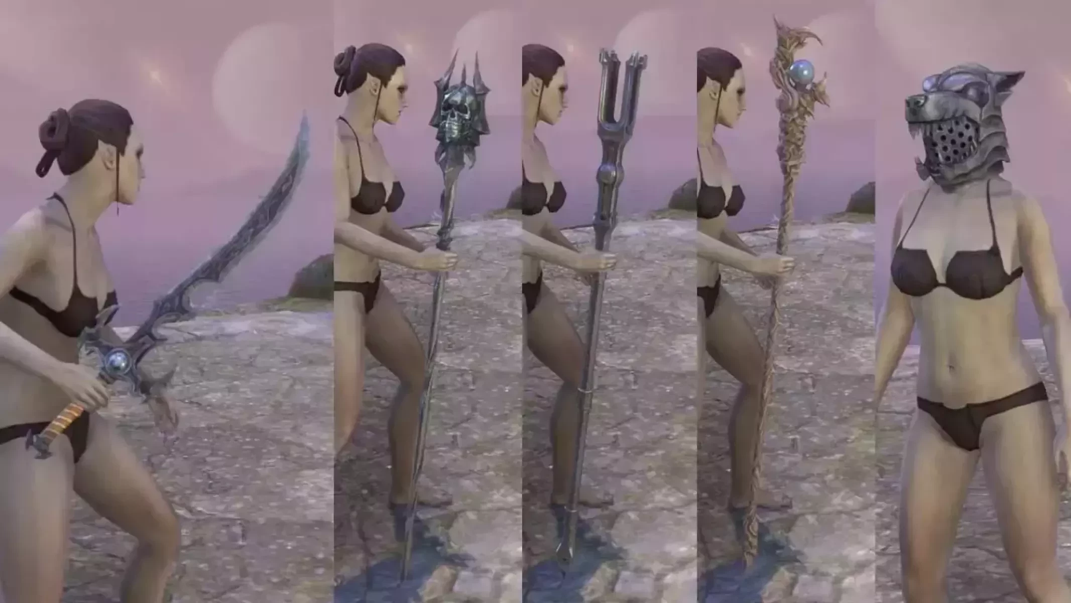 From left to right: Trueflame Sword Replica, Staff of Worms Replica, Sunna’rah Replica, Ul’vor Staff and Barbas Helmet Replica.