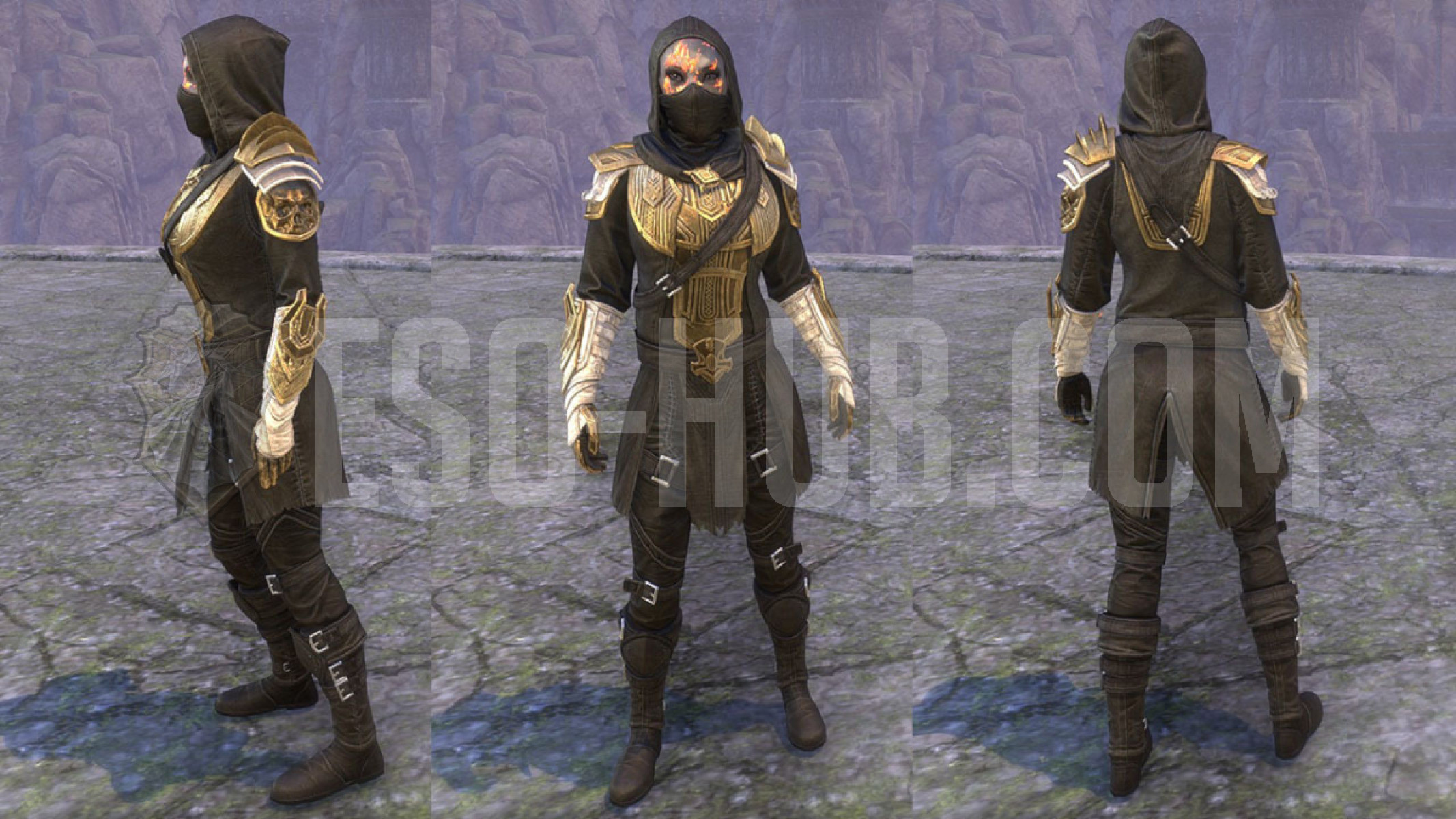 Описание костюма 10-Year Anniversary Breton Hero в ESO: "Этот костюм отдает дань 10-летнему юбилею нашего легендарного бретонского героя из Ковенанта Даггерфолла. Почти память этого безымянного разбойника, приняв его устрашающую экипировку, обновленную по случаю прикосновениями золота и слоновой кости."