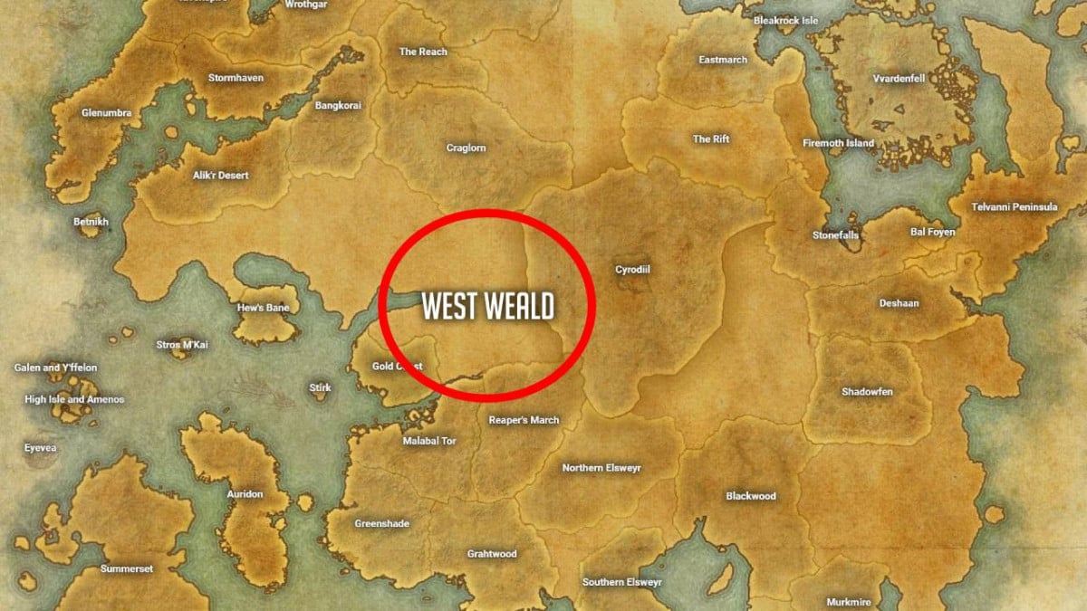 West Weald zone location in Tamriel