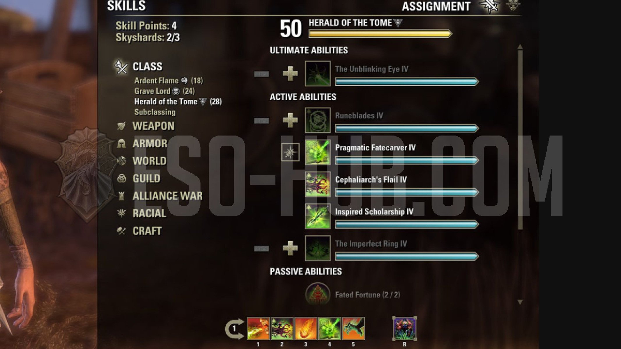 Example Dragonknight class having Arcanist and Necromancer subclass skills on the hot bar.