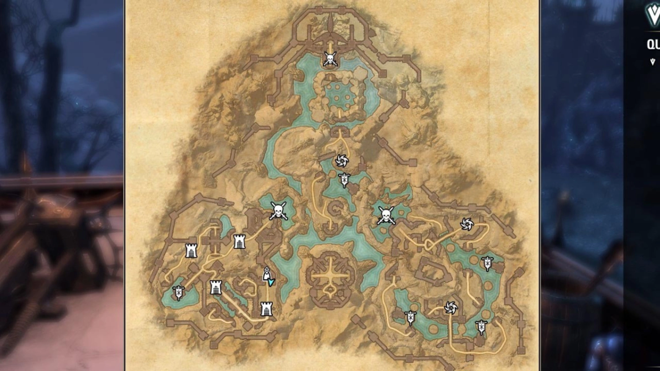 Writhing Fortress map showing the magical barriers (tower icon), daedric champions and daedra (flag icon), ritual sites (ring icon) and boss fights (skull icon).