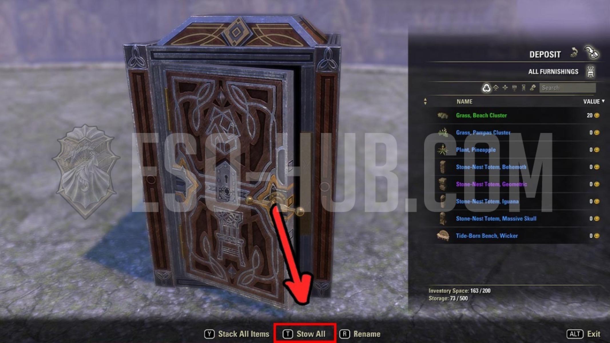 Stow all function in the ESO Furnishing Vault can be used when directly depositing from your inventory.