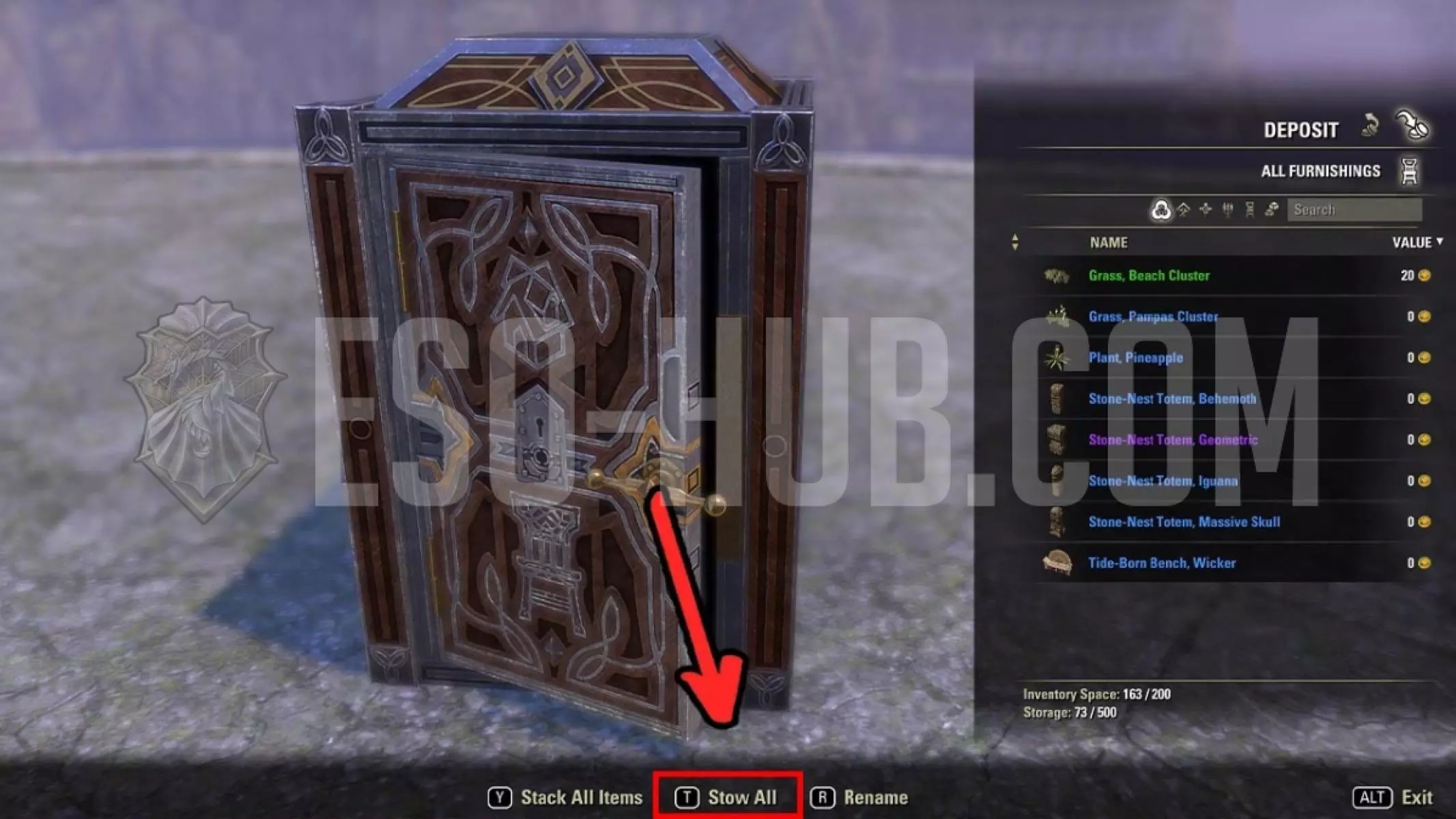 Stow all function in the ESO Furnishing Vault can be used when directly depositing from your inventory.